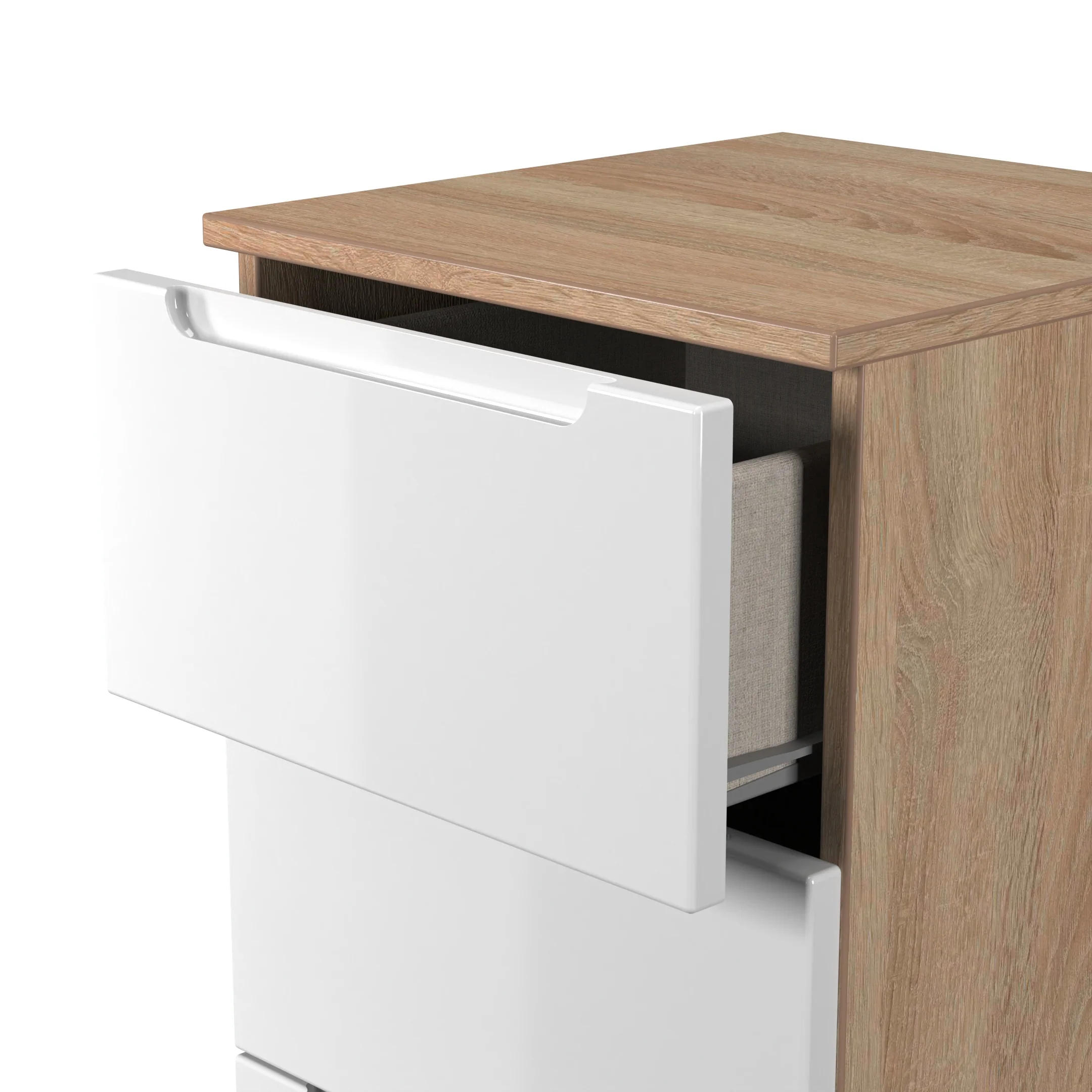 Milan 3 Drawer Bedside in White Gloss & Bardolino Oak - Ready Assembled - Image 6