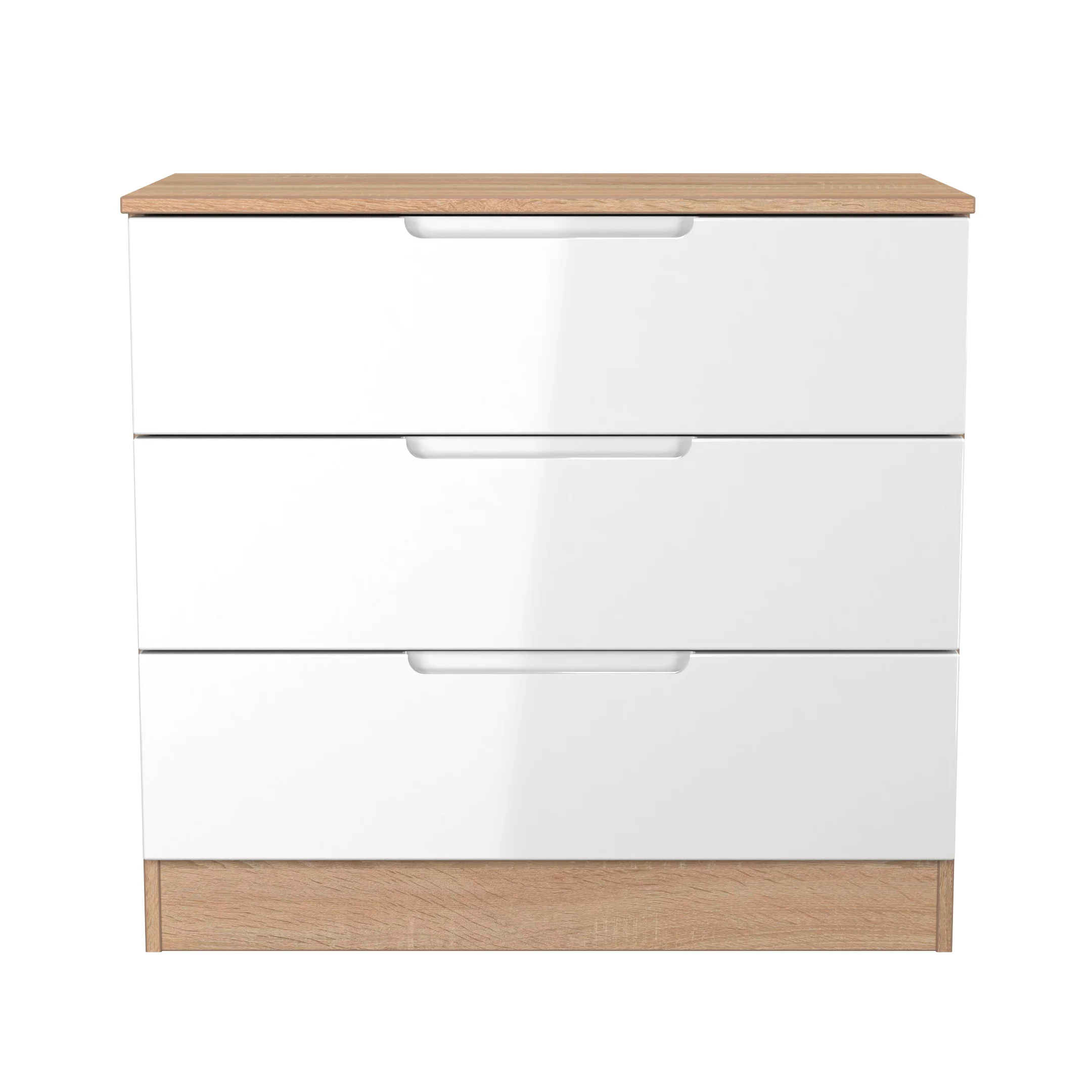Milan 3 Drawer Chest in White Gloss & Bardolino Oak - Ready Assembled - Image 2