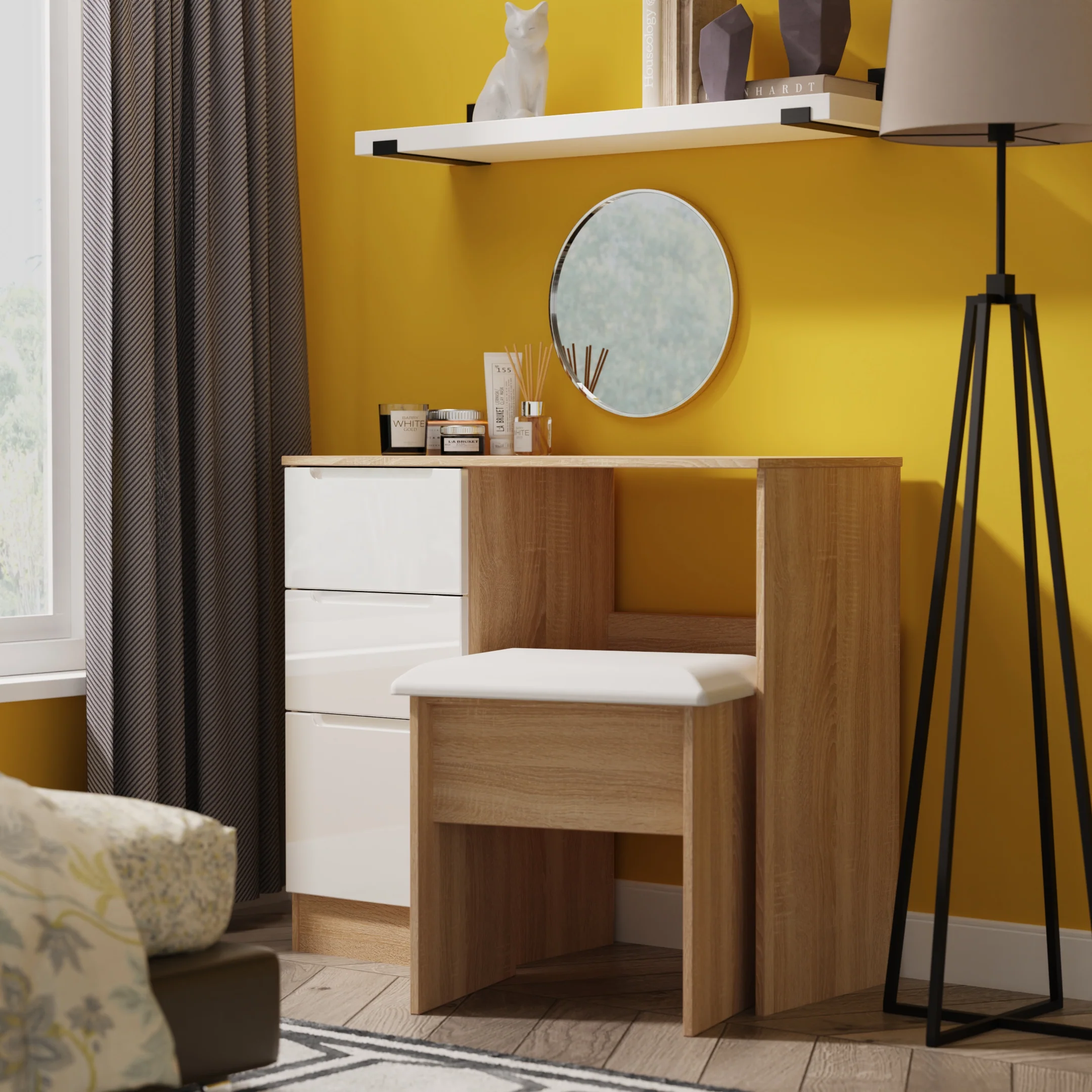 Milan 3 Drawer Vanity in White Gloss & Bardolino Oak - Ready Assembled
