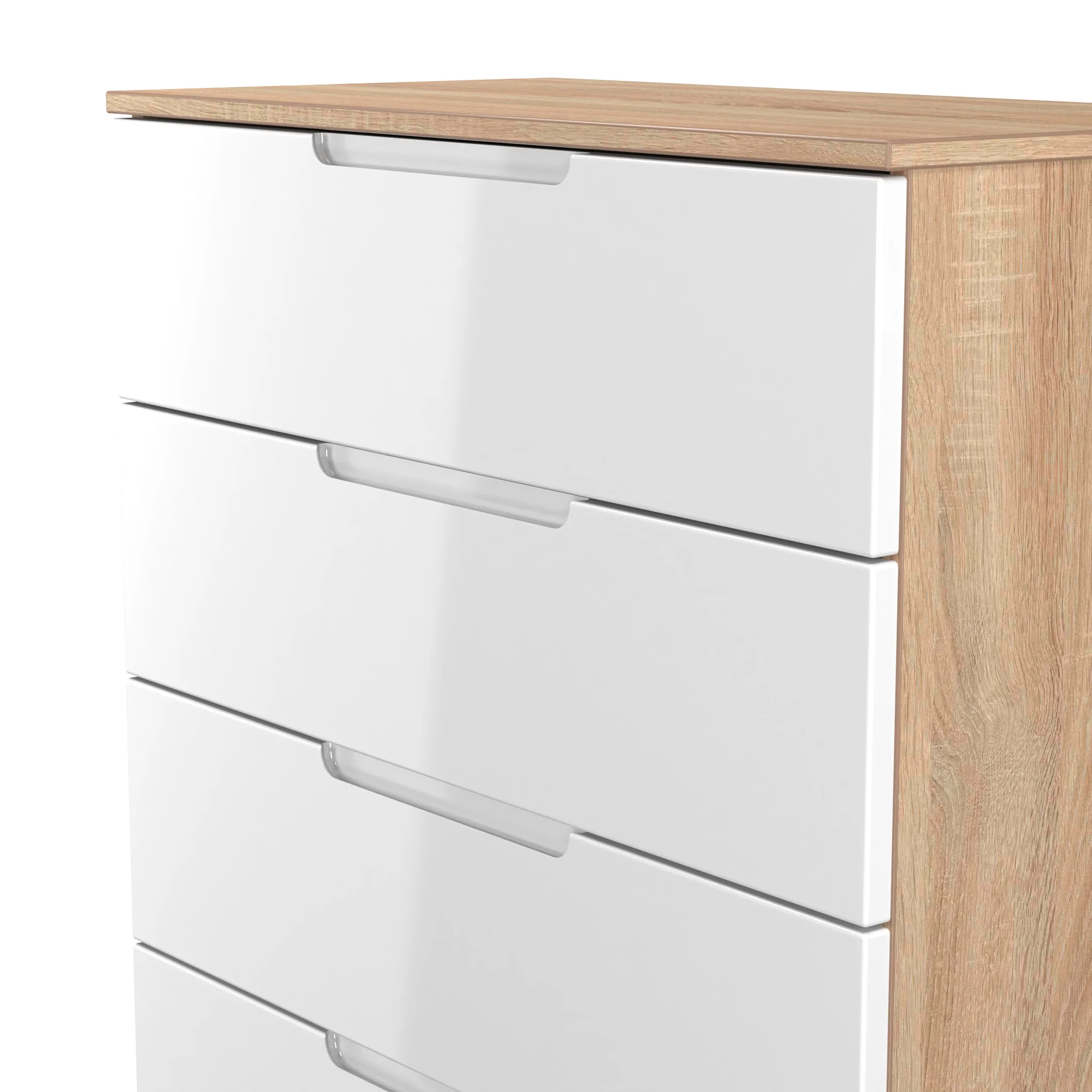 Milan 5 Drawer Chest in White Gloss & Bardolino Oak - Ready Assembled - Image 5