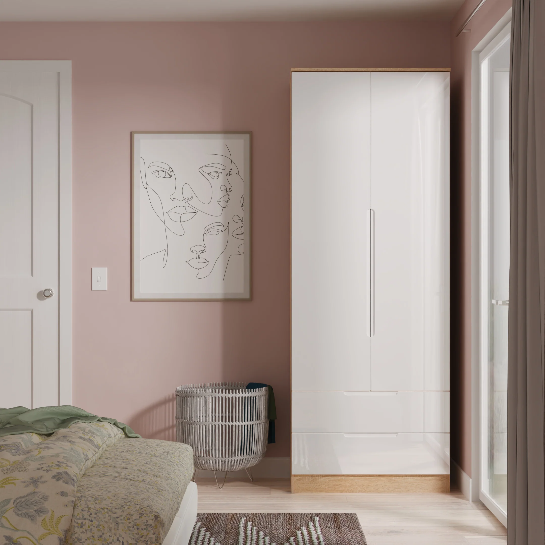 Milan Tall 2 Drawer Double Wardrobe in White Gloss & Bardolino Oak - Ready Assembled