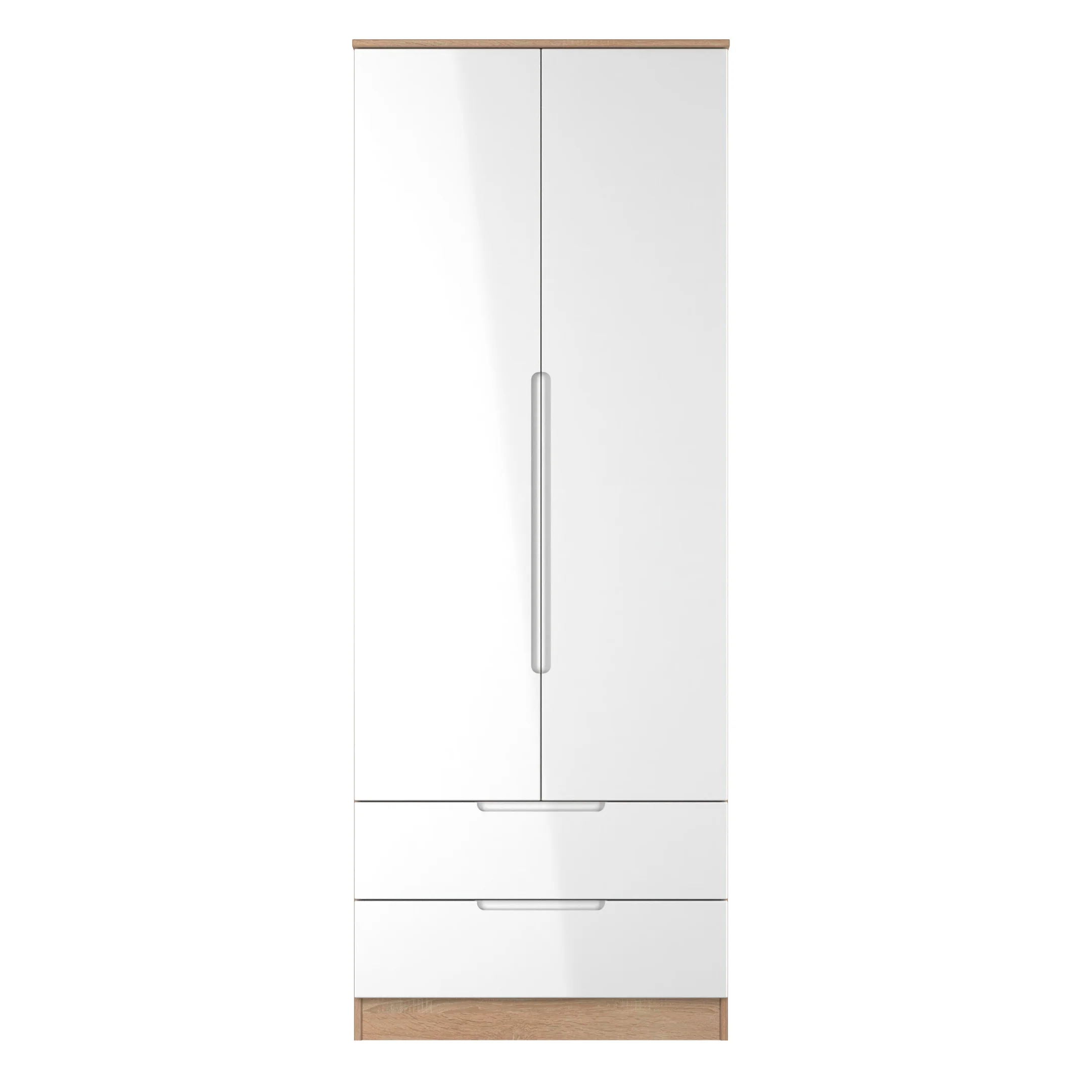 Milan Tall 2 Drawer Double Wardrobe in White Gloss & Bardolino Oak - Ready Assembled - Image 2