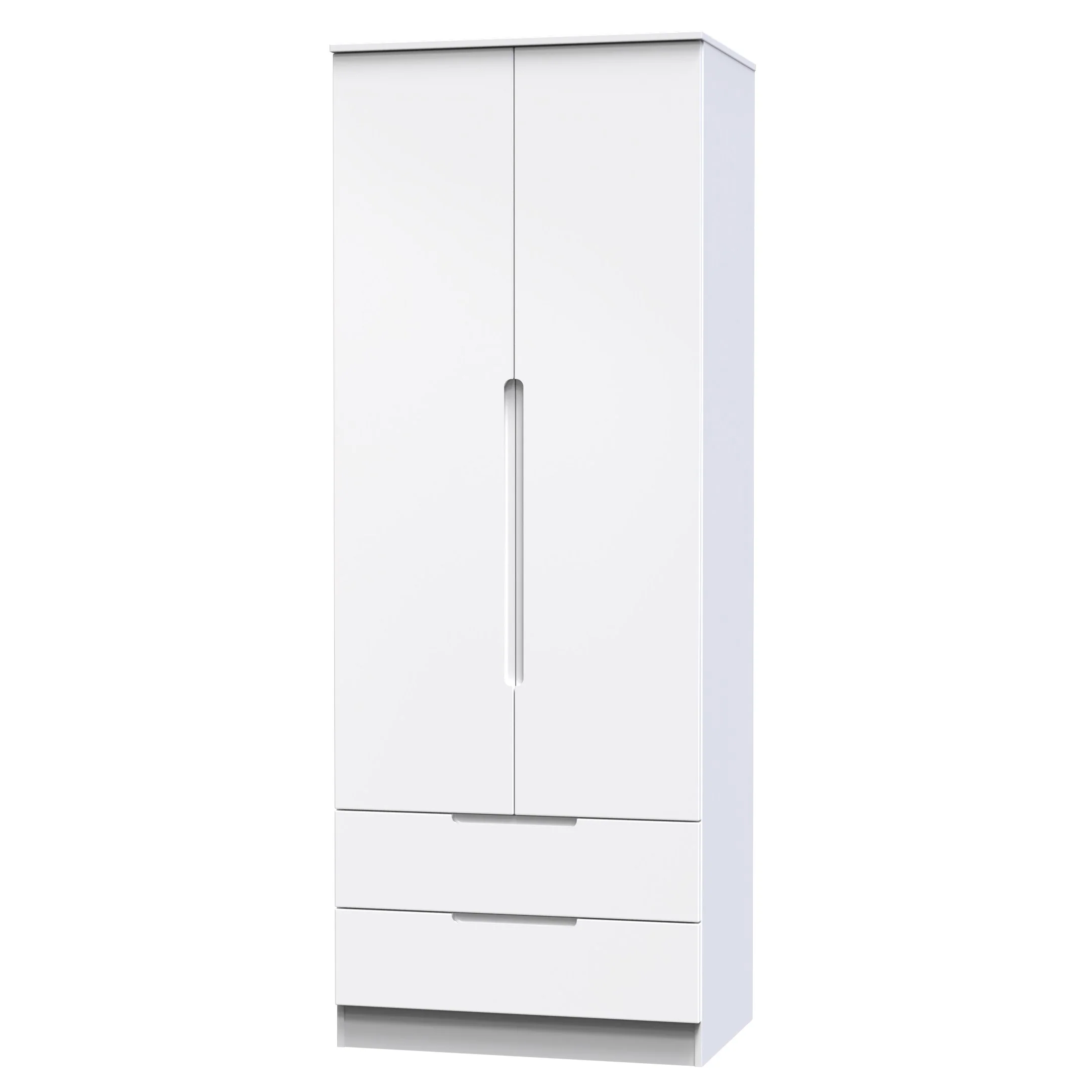 Milan Tall 2 Drawer Double Wardrobe in White Gloss & White - Ready Assembled - Image 4