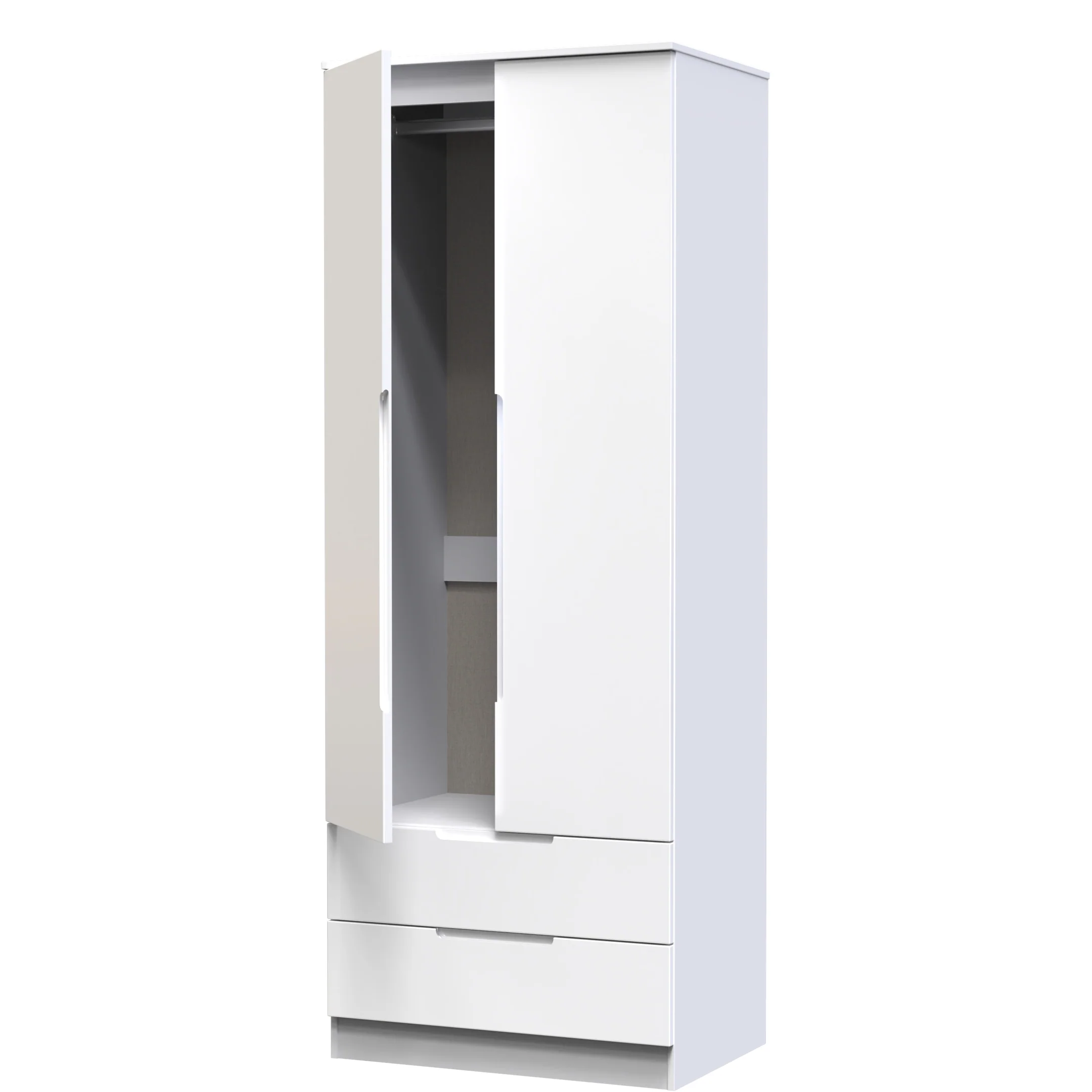 Milan Tall 2 Drawer Double Wardrobe in White Gloss & White - Ready Assembled - Image 6