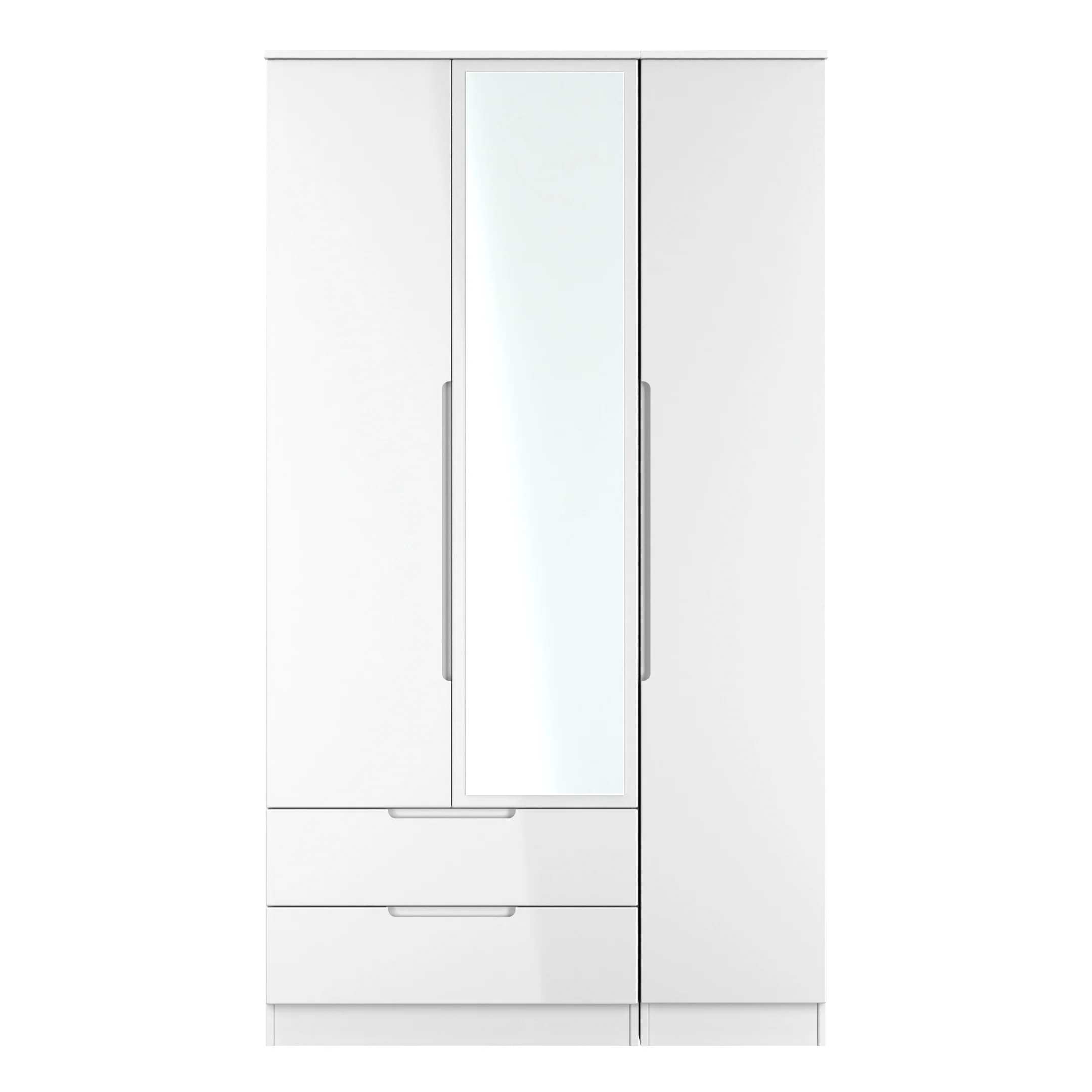 Milan Tall 2 Drawer Tiple Mirror Wardrobe in White Gloss & White - Ready Assembled - Image 2