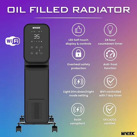 MYLEK Oil Filled Digital WiFi Smart App Enabled Heater - 3 Heat Settings & 24-Hour Timer - Image 5