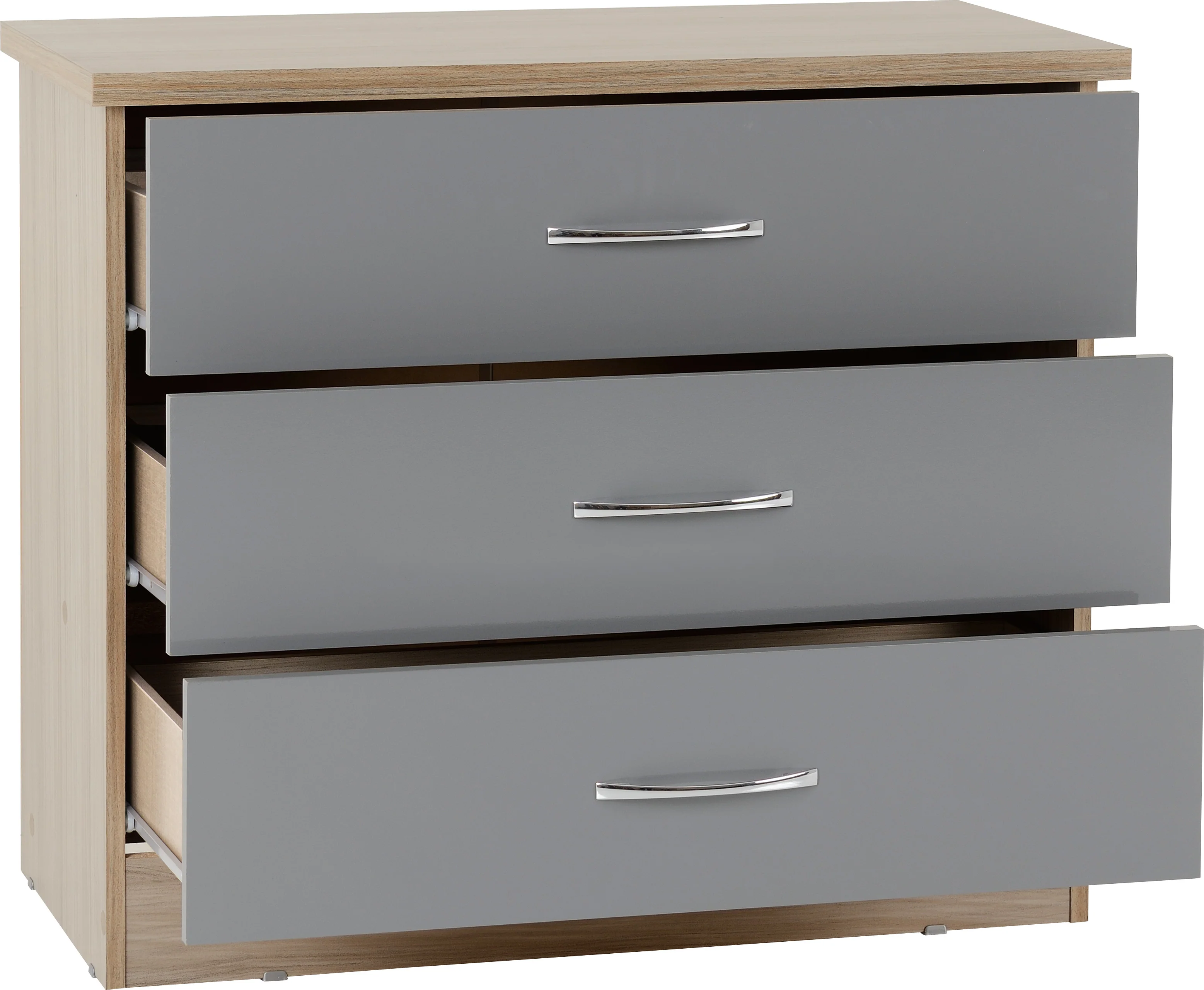 NEVADA 3 DRAWER CHEST - GREY GLOSS/LIGHT OAK EFFECT VENEER - Image 2
