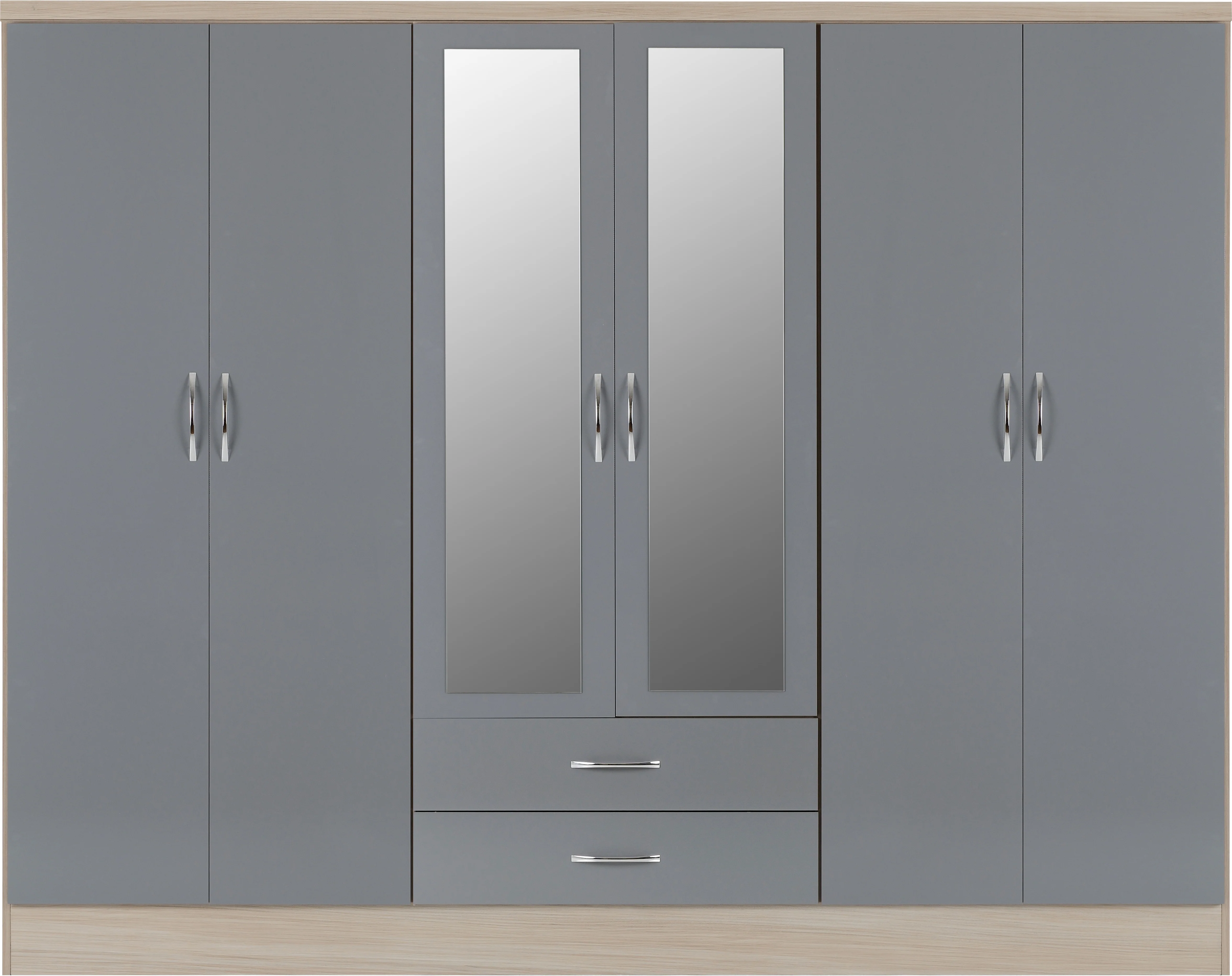NEVADA 6 DOOR 2 DRAWER WARDROBE - GREY GLOSS/LIGHT OAK EFFECT VENEER - Image 2