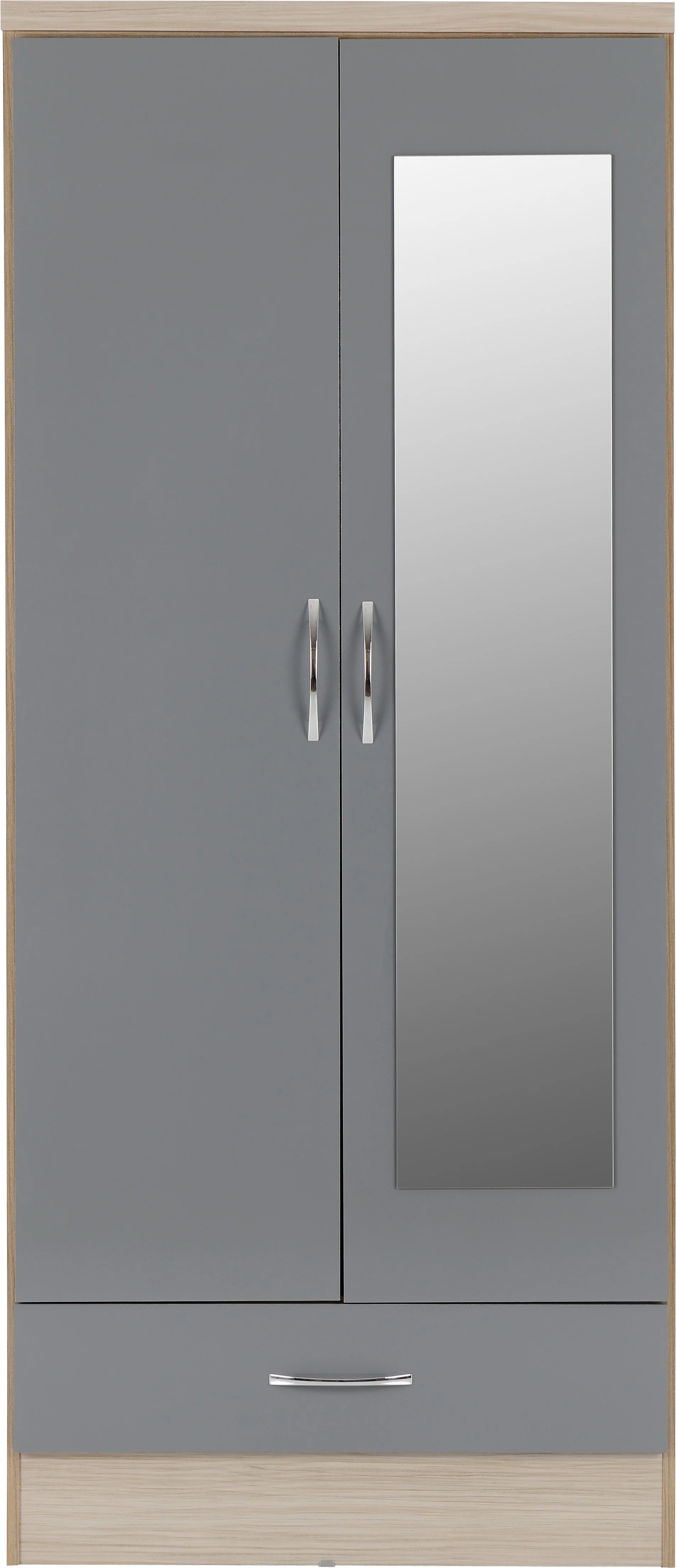 NEVADA MIRRORED 2 DOOR WARDROBE - GREY GLOSS/LIGHT OAK EFFECT VENEER - Image 3
