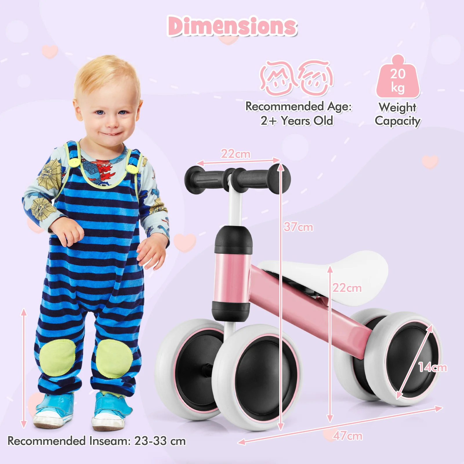 No Pedal Baby 4 Wheels Balance Bike with Non-slip Handlerbar-Pink - Image 4