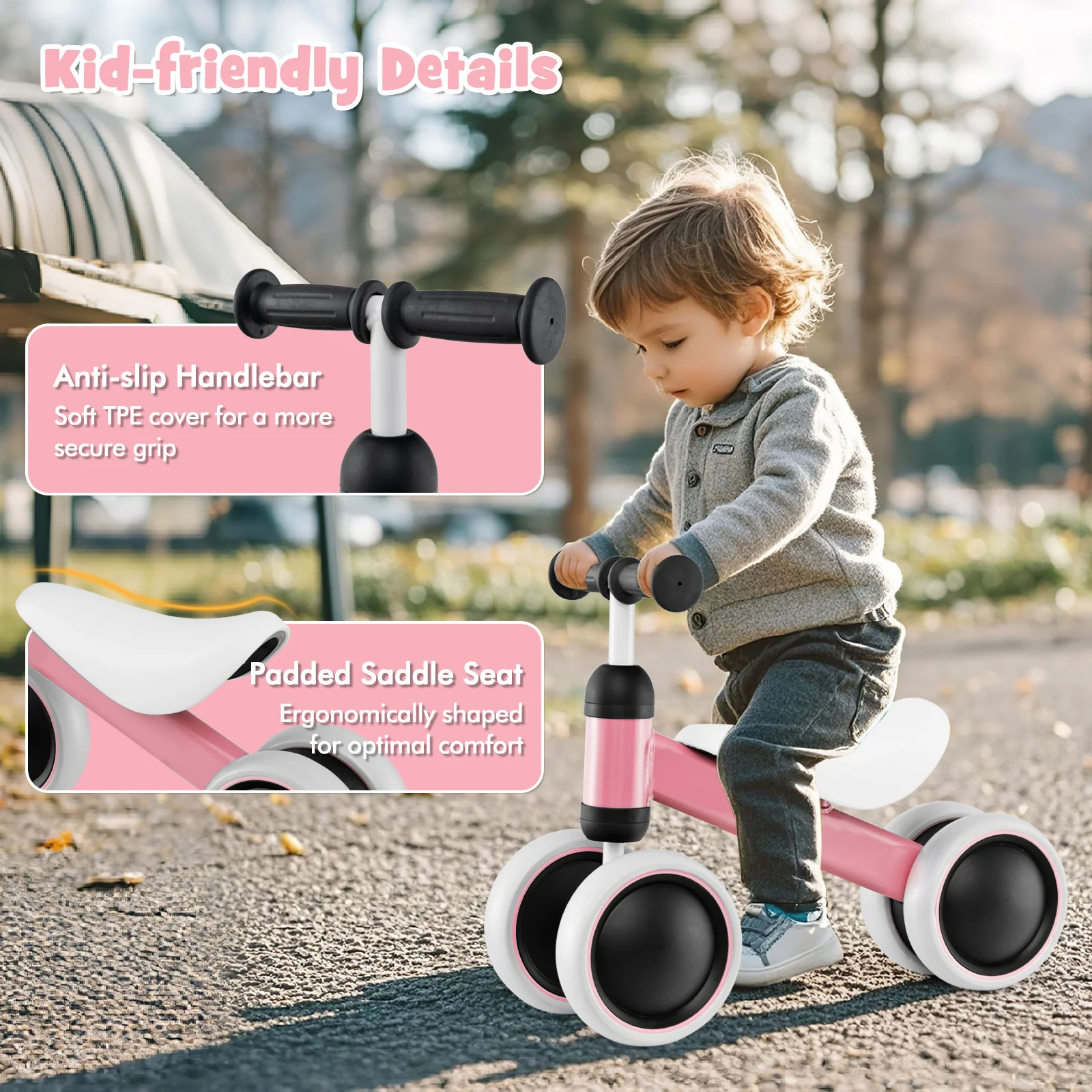 No Pedal Baby 4 Wheels Balance Bike with Non-slip Handlerbar-Pink - Image 5
