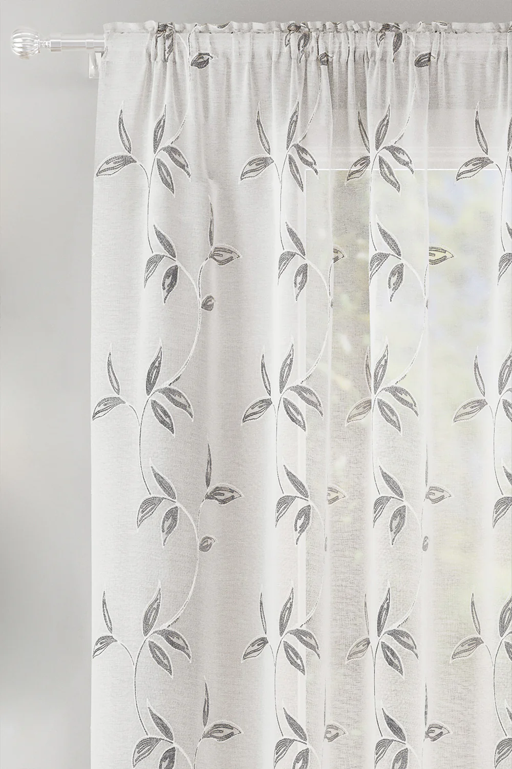Oasis Grey Embroidered Leaf Design Voile Panels - Pair - Image 2
