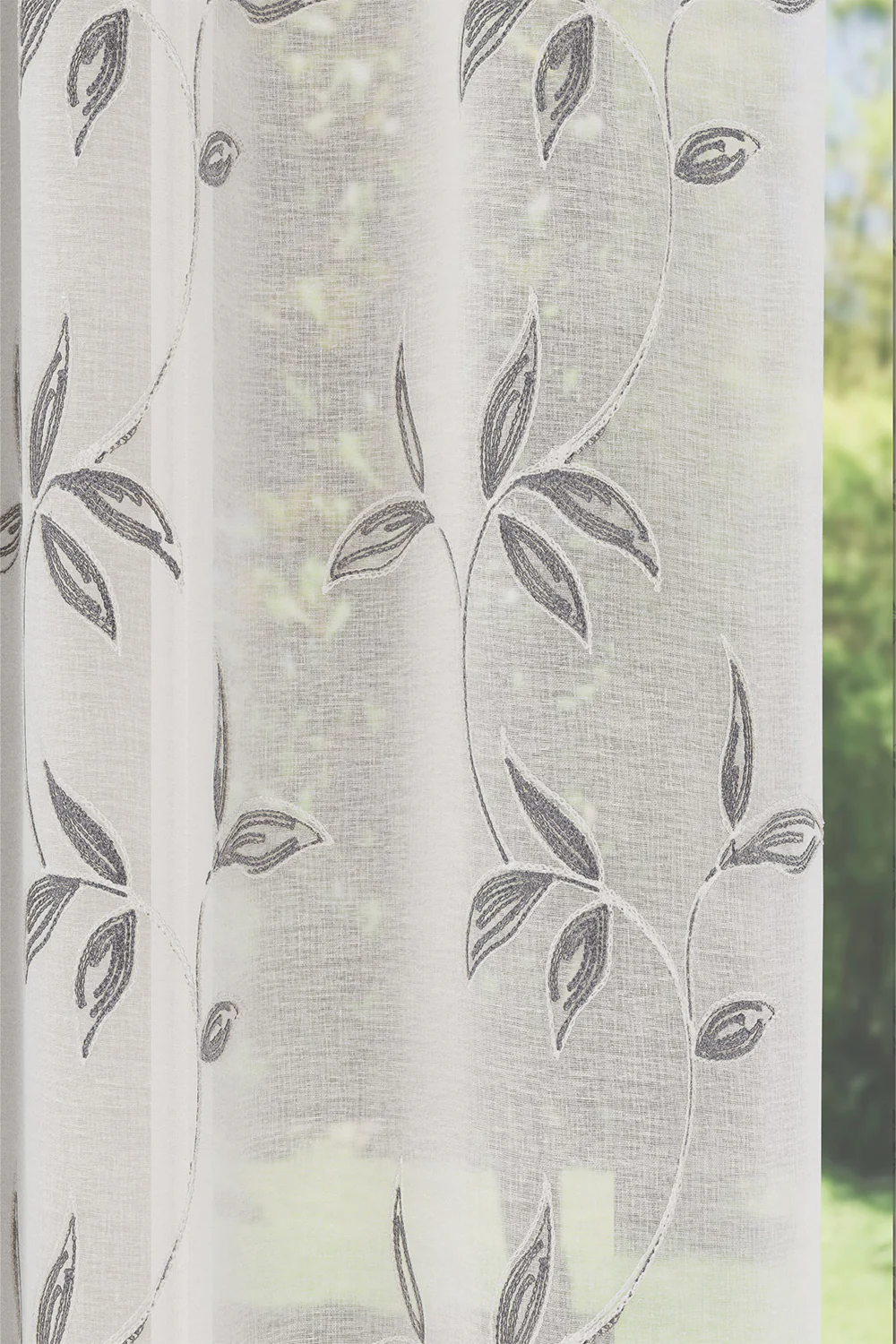 Oasis Grey Embroidered Leaf Design Voile Panels - Pair - Image 3
