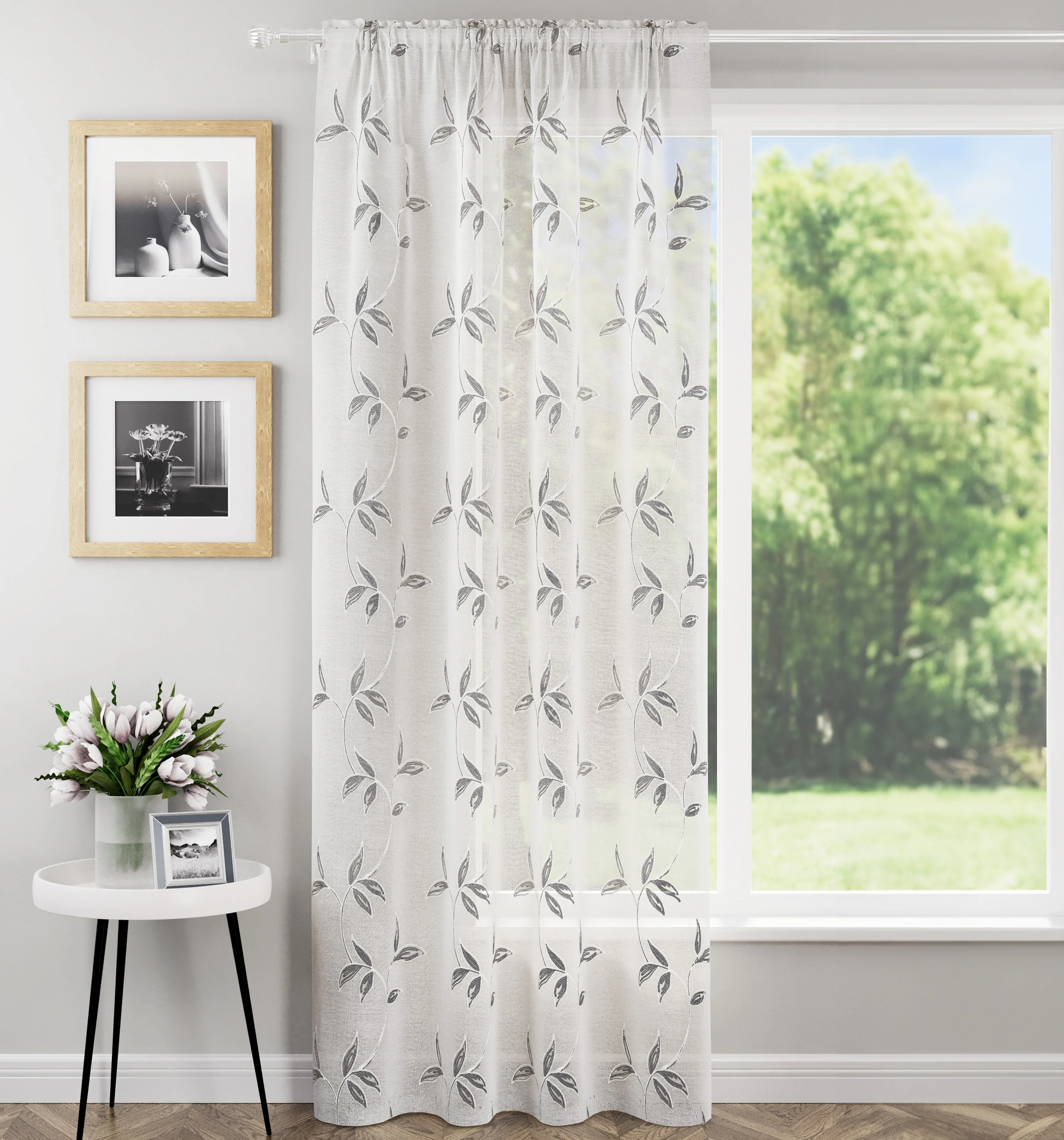 Oasis Grey Embroidered Leaf Design Voile Panels - Pair - Image 5