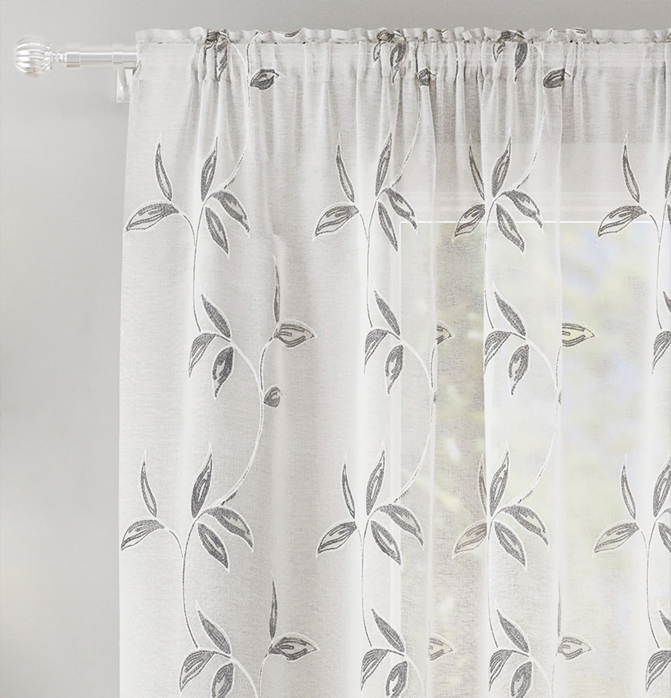 Oasis Grey Embroidered Leaf Design Voile Panels - Pair - Image 6