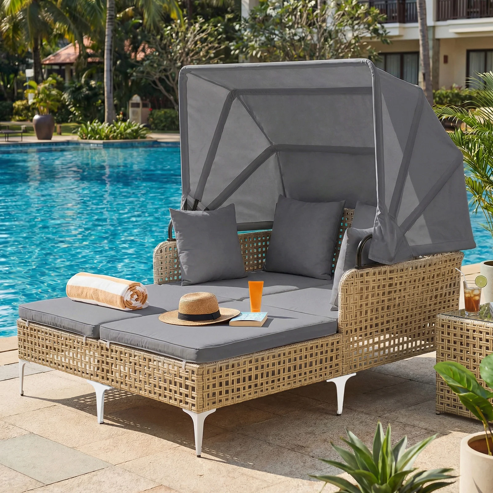Outdoor Daybed with Retractable Canopy and Soft Pillows-Grey - Image 2