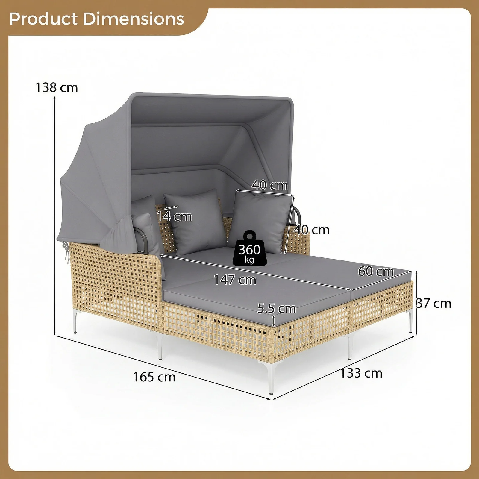 Outdoor Daybed with Retractable Canopy and Soft Pillows-Grey - Image 4