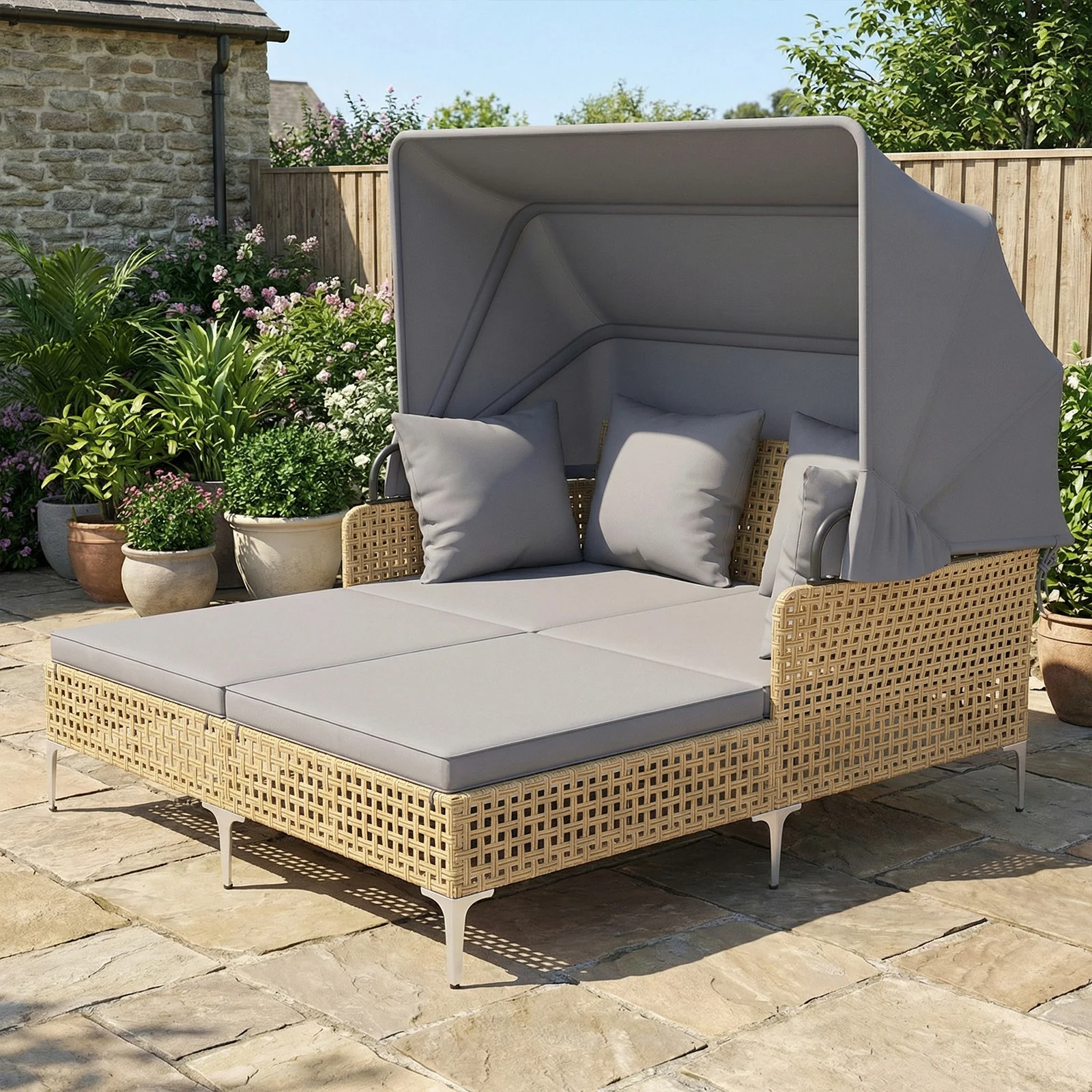 Outdoor Daybed with Retractable Canopy and Soft Pillows-Grey - Image 6
