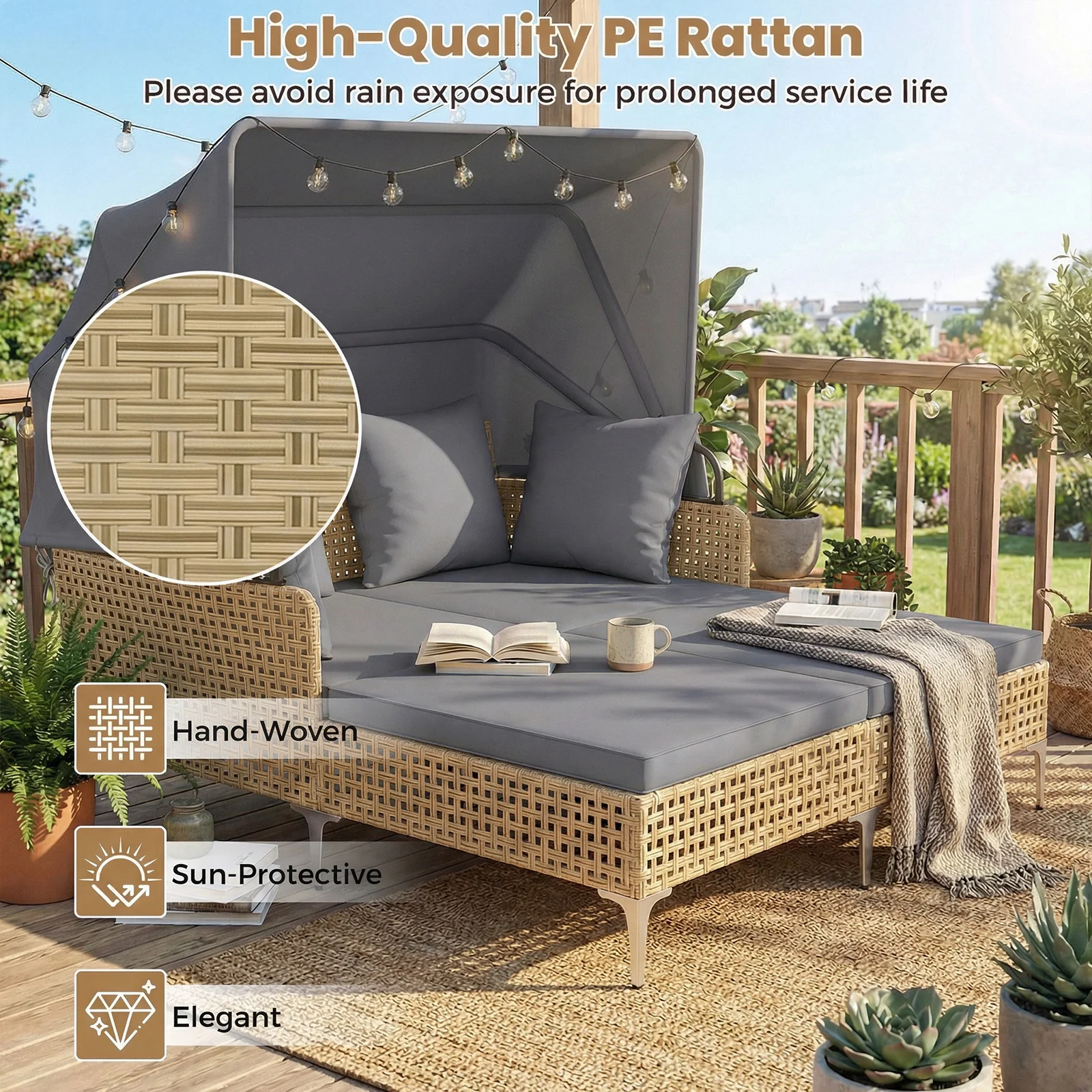Outdoor Daybed with Retractable Canopy and Soft Pillows-Grey - Image 7
