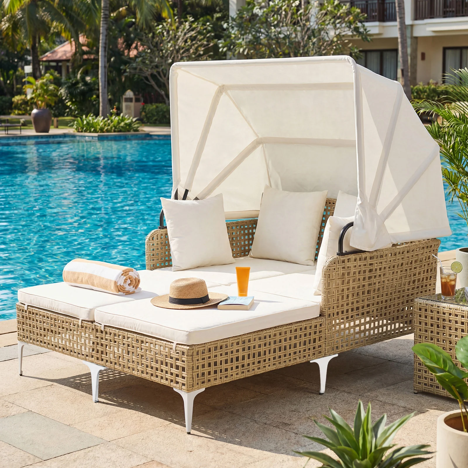 Outdoor Daybed with Retractable Canopy and Soft Pillows-Off White - Image 2