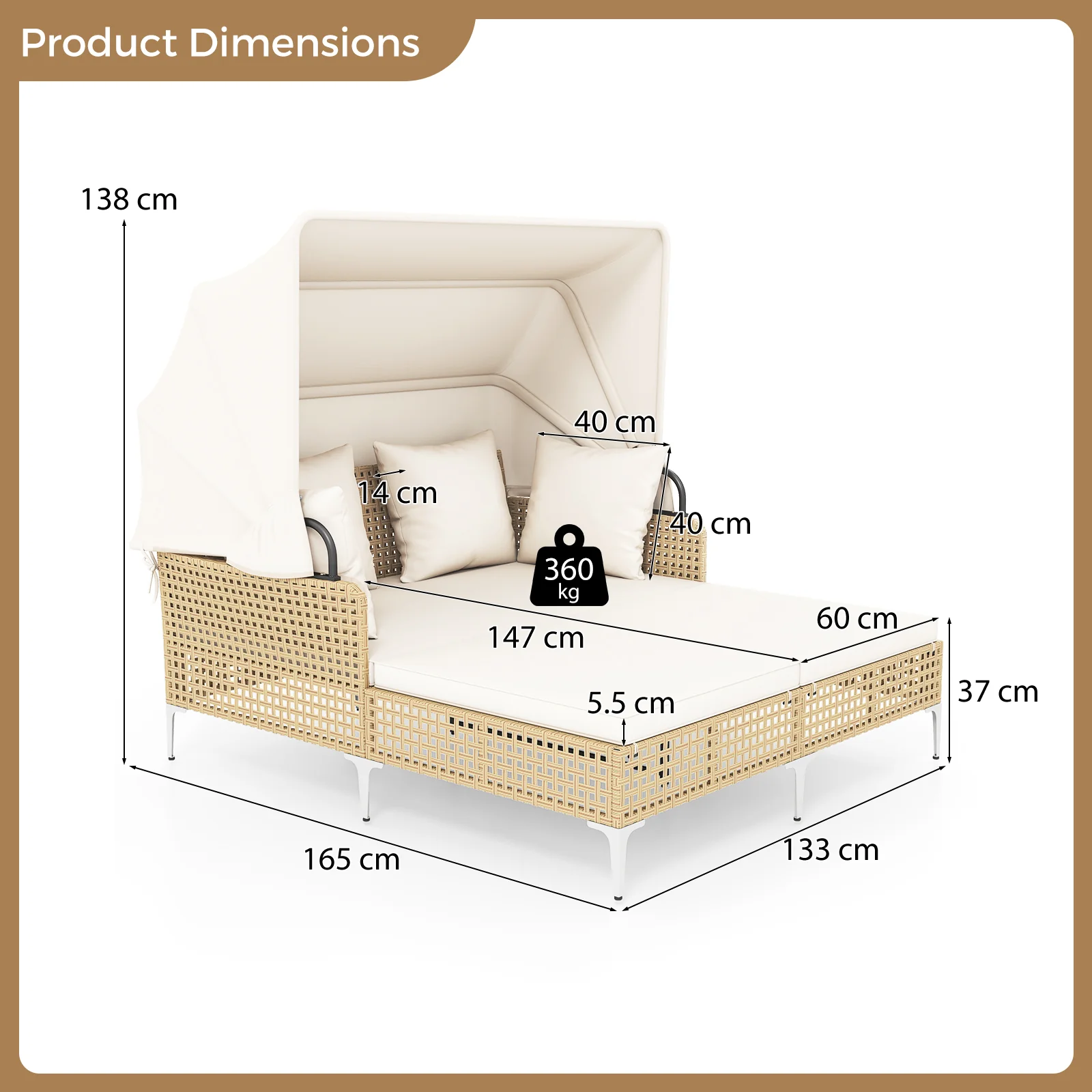 Outdoor Daybed with Retractable Canopy and Soft Pillows-Off White - Image 4
