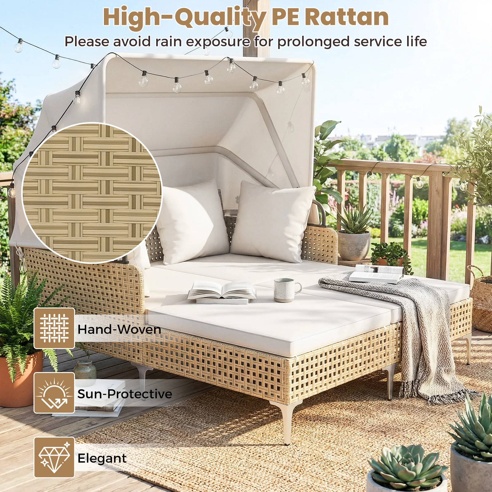 Outdoor Daybed with Retractable Canopy and Soft Pillows-Off White - Image 7