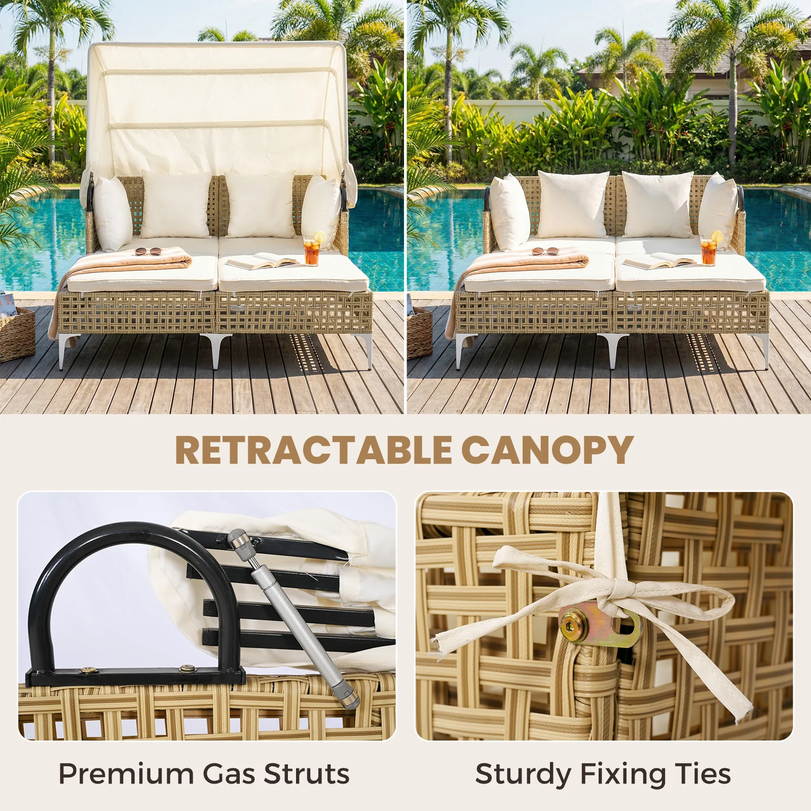 Outdoor Daybed with Retractable Canopy and Soft Pillows-Off White - Image 8