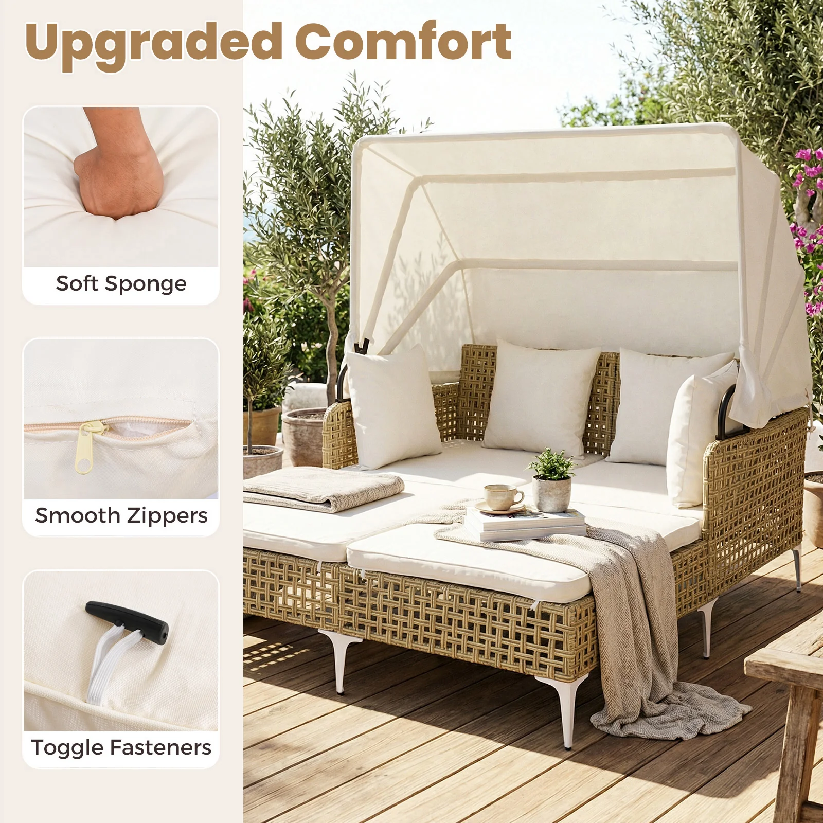 Outdoor Daybed with Retractable Canopy and Soft Pillows-Off White - Image 9