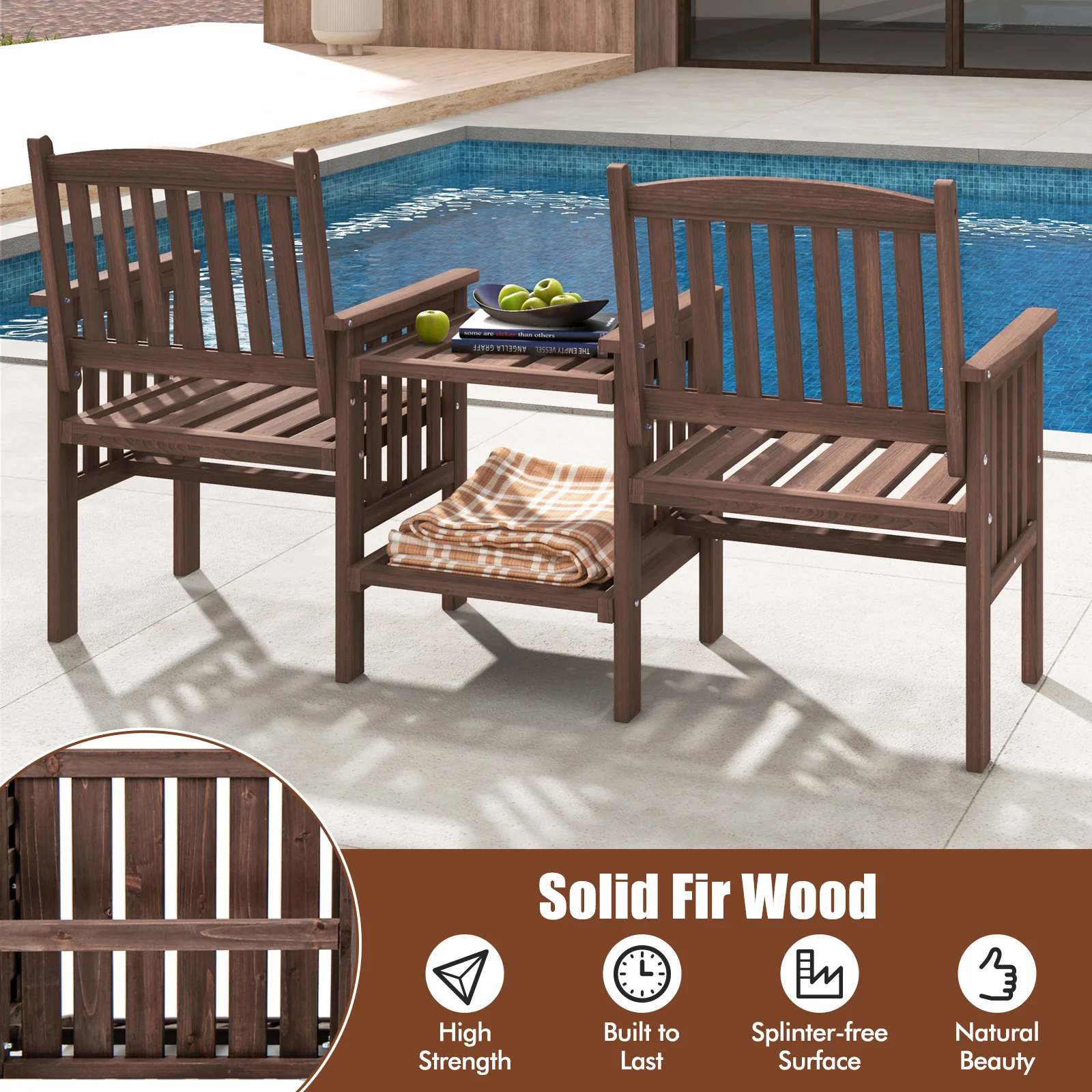 Outdoor Fir Wood Loveseat With 2-Tier Side Table And Umbrella Hole-Brown - Image 8