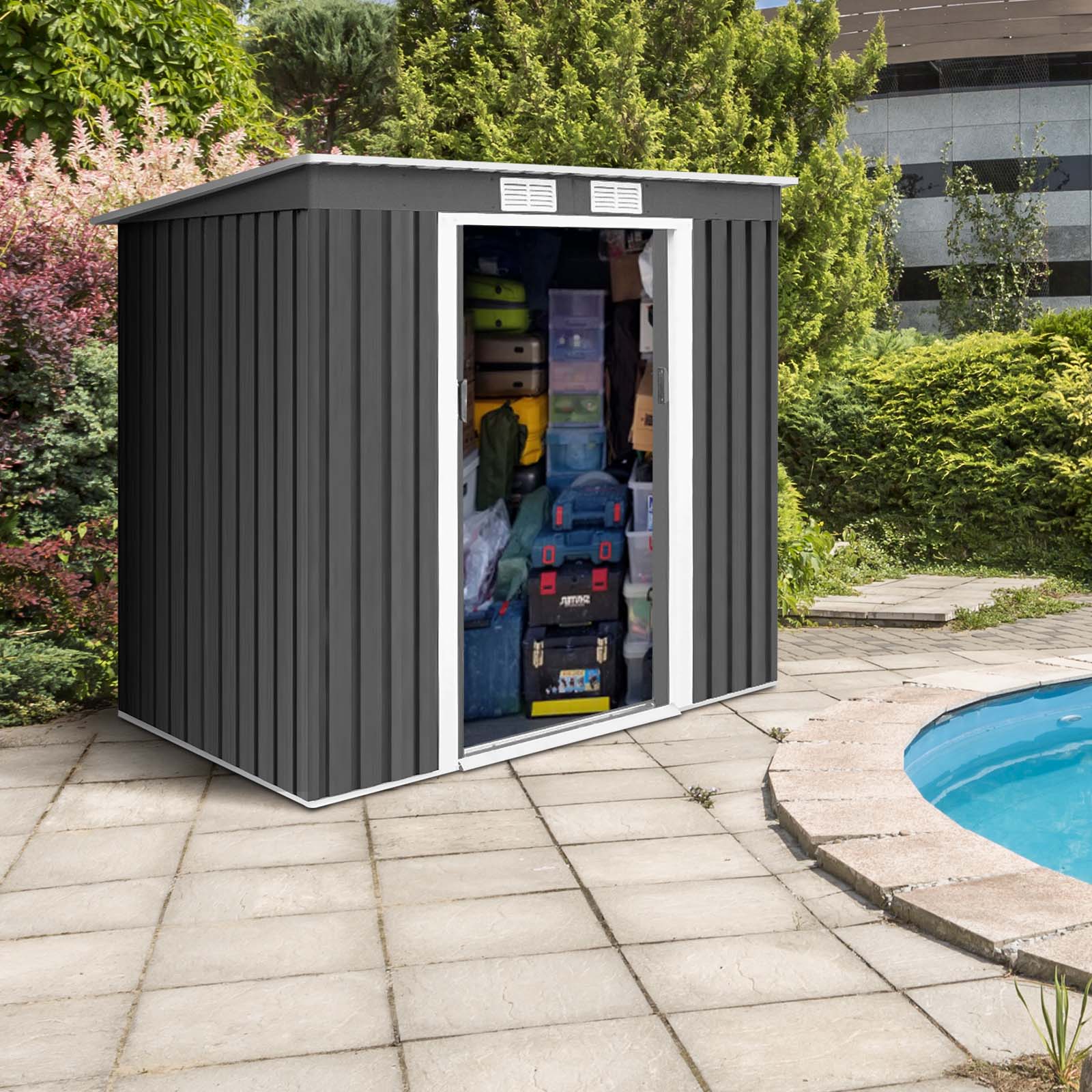 Outdoor Metal Garden Storage Shed with Sloping Roof-Dark Grey - Image 3