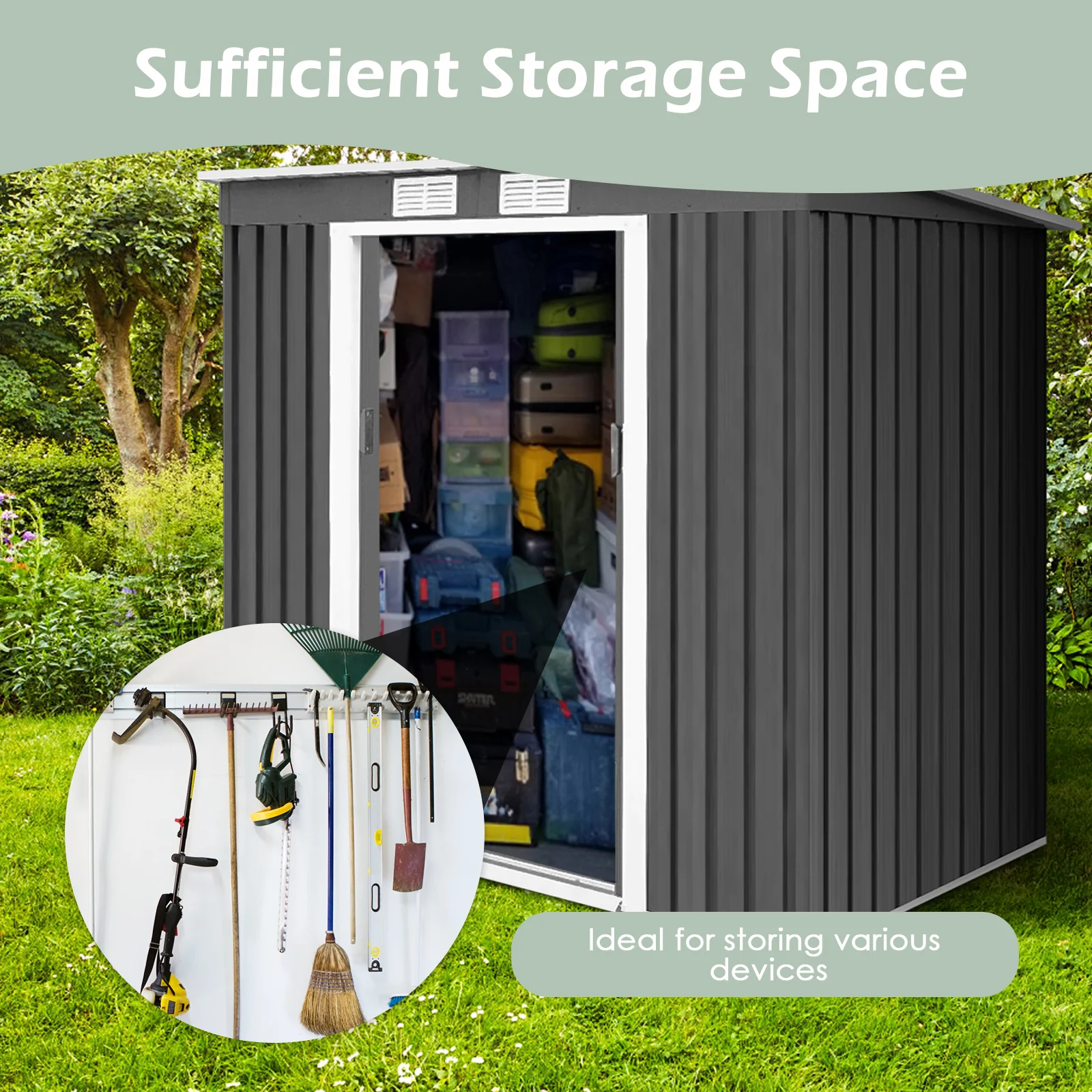 Outdoor Metal Garden Storage Shed with Sloping Roof-Dark Grey - Image 5