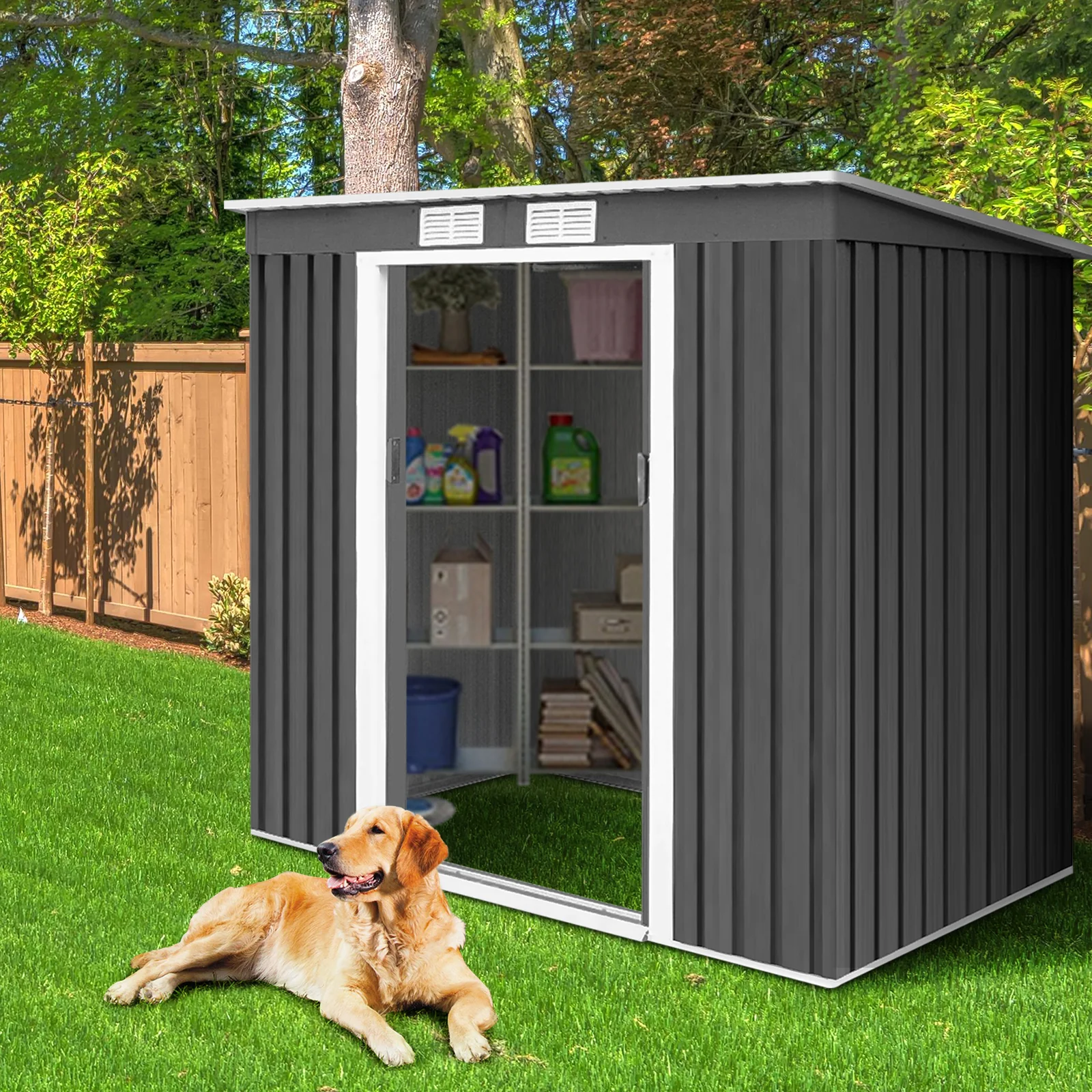 Outdoor Metal Garden Storage Shed with Sloping Roof-Dark Grey - Image 7