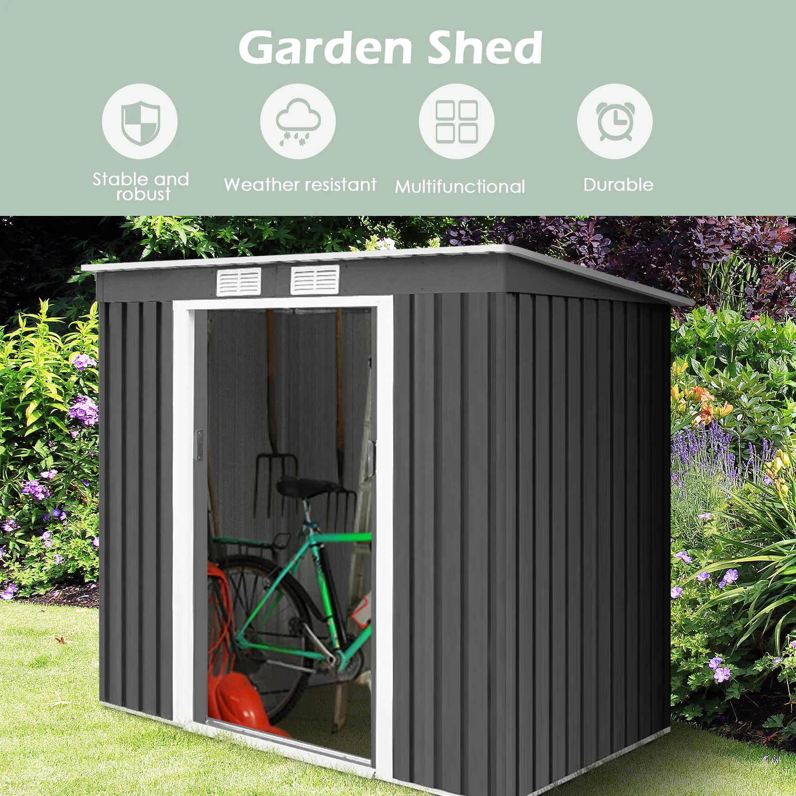 Outdoor Metal Garden Storage Shed with Sloping Roof-Dark Grey - Image 8