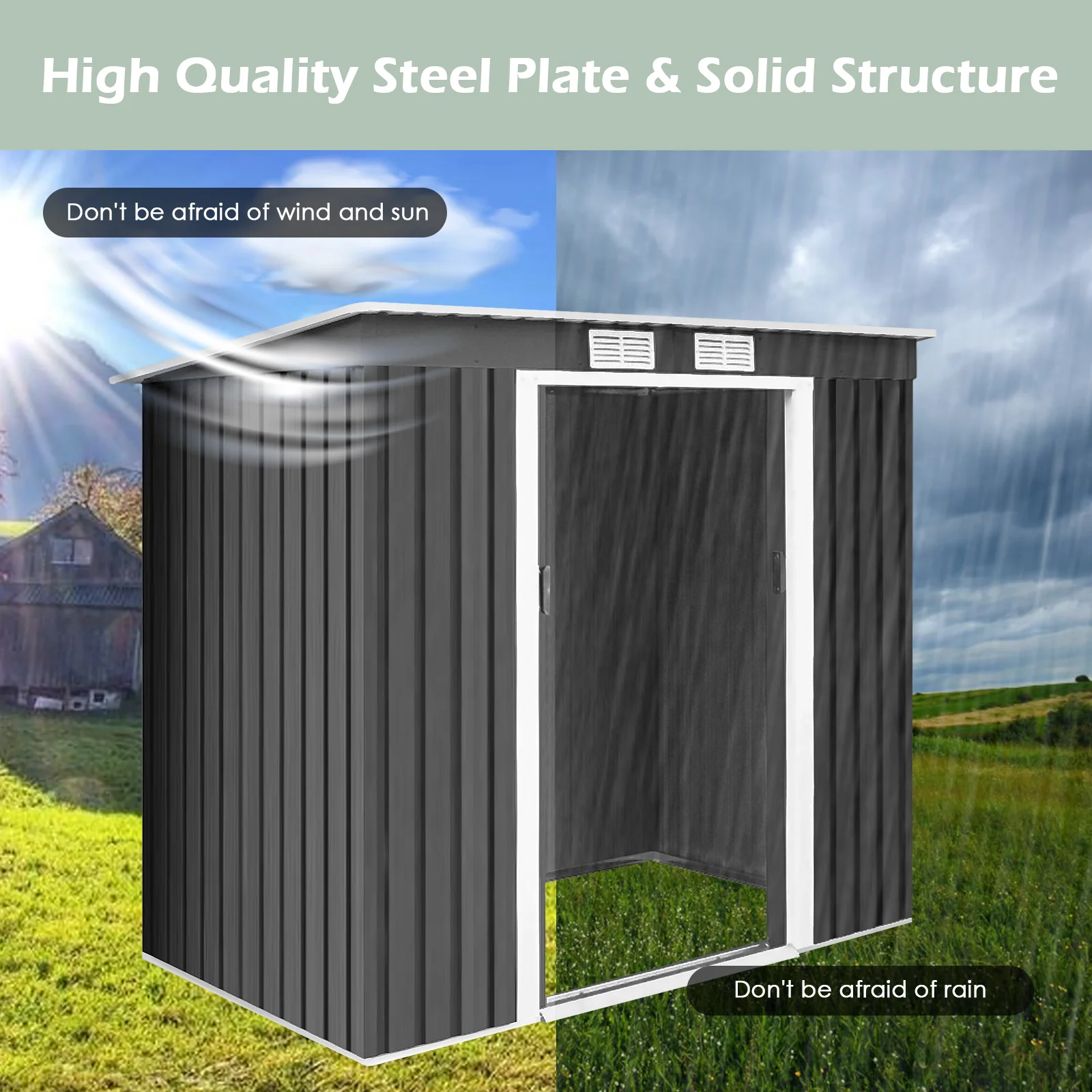 Outdoor Metal Garden Storage Shed with Sloping Roof-Dark Grey - Image 9