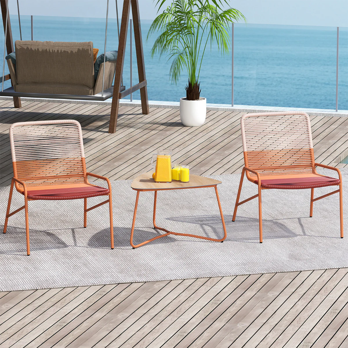 Outdoor Rattan Furniture Set with Gradient Chairs and Wood-Plastic Side Table-Orange - Image 3