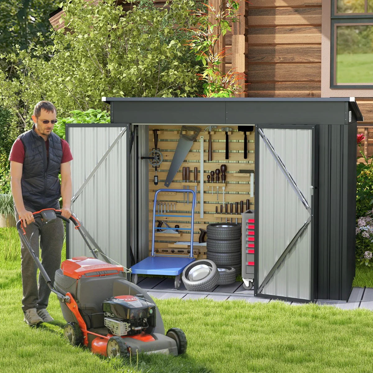Outdoor Storage Shed Garden Tool House with 2 Doors-Dark Grey - Image 2