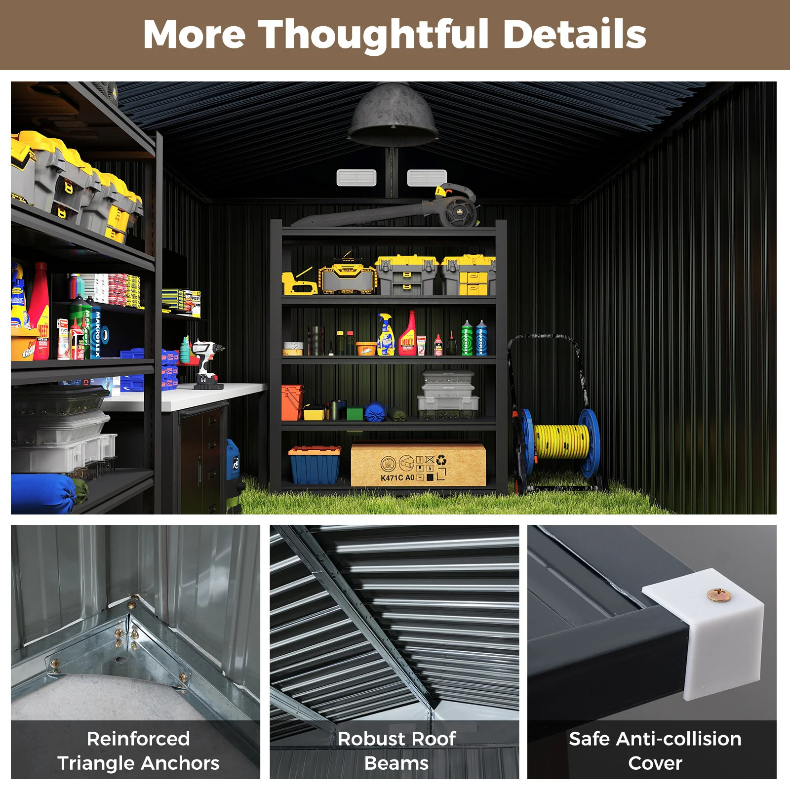 Outdoor Storage Shed Large Utility Tool House With Top Sloping Design-Grey - Image 10