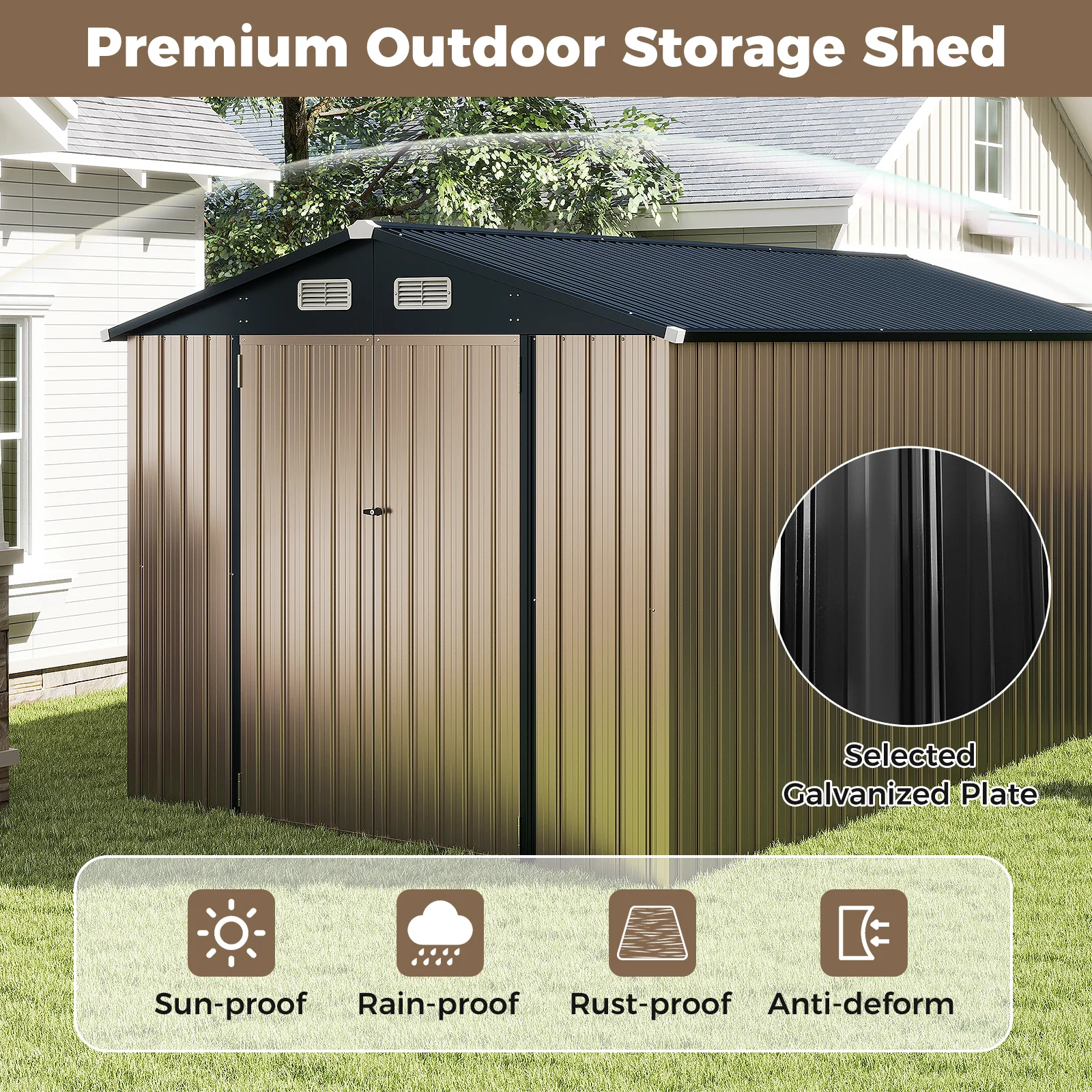 Outdoor Storage Shed Large Utility Tool House With Top Sloping Design-Grey - Image 7