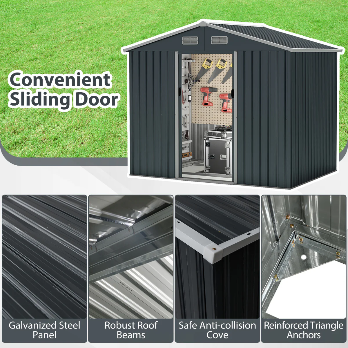 Outdoor Storage Shed With Sloping Top And Sliding Doors-Grey - Image 10