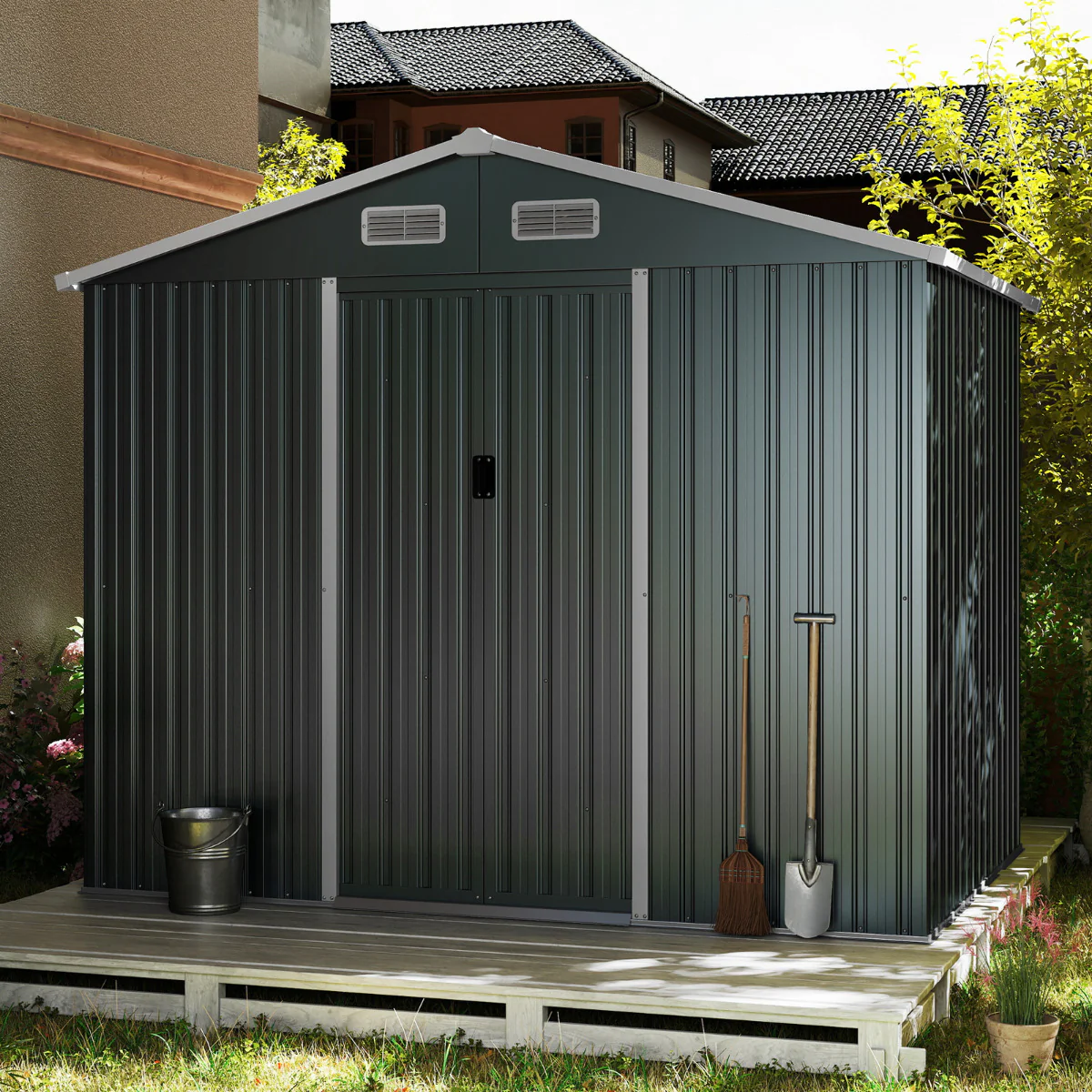 Outdoor Storage Shed With Sloping Top And Sliding Doors-Grey - Image 3