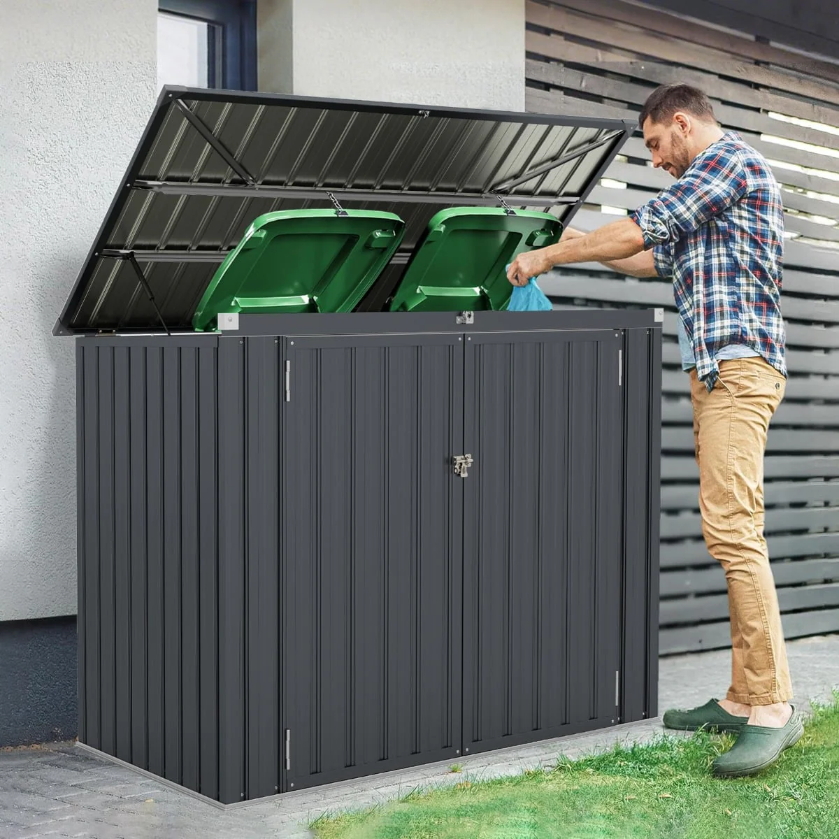Outdoor Trash Can Storage Shed With Double Openings-Grey - Image 2