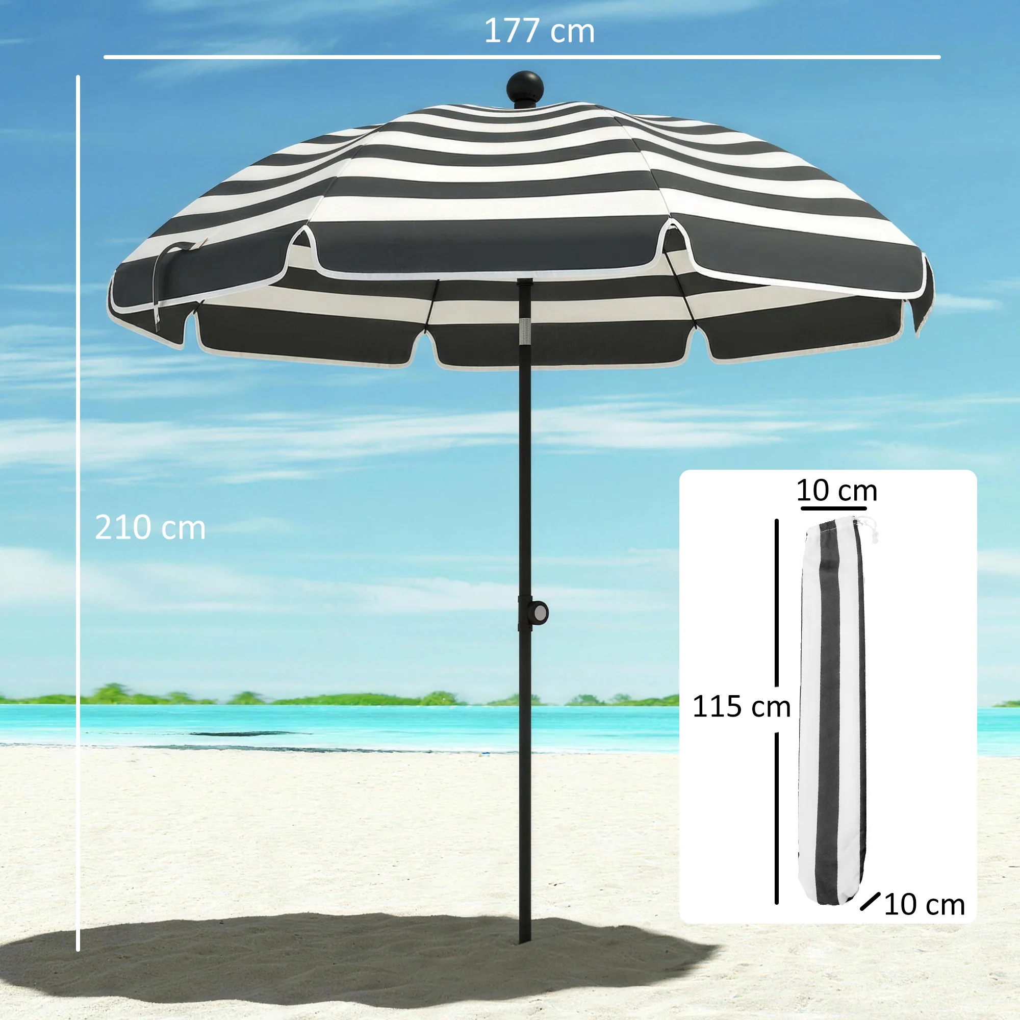 Outsunny 1.8 m Beach Umbrella Parasol with Sand Anchor, Tilt, Grey/White - Image 5