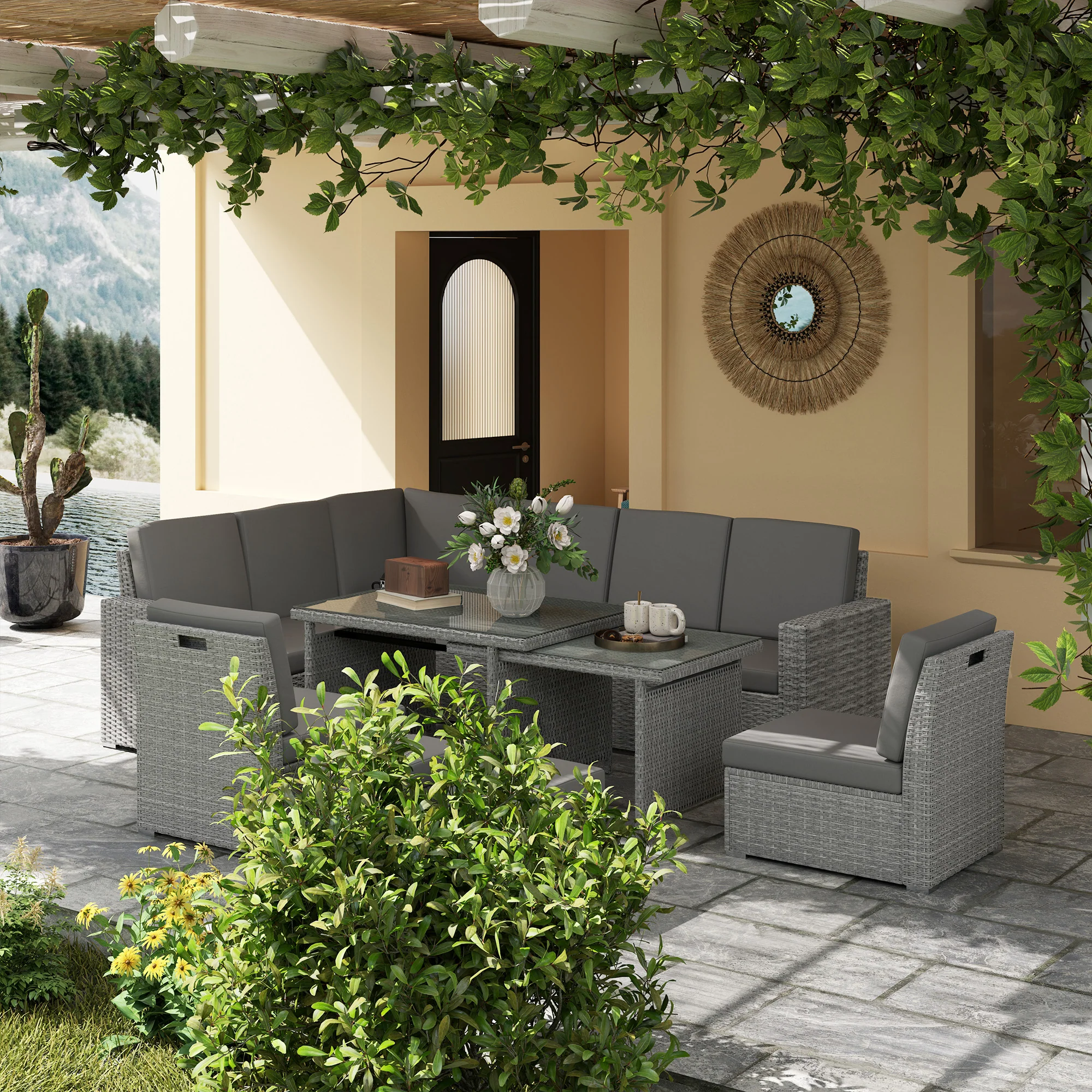 Outsunny 10-Seater Sofa Sectional W/ Cushioned Seat, Footstools And Glass Table - Image 8