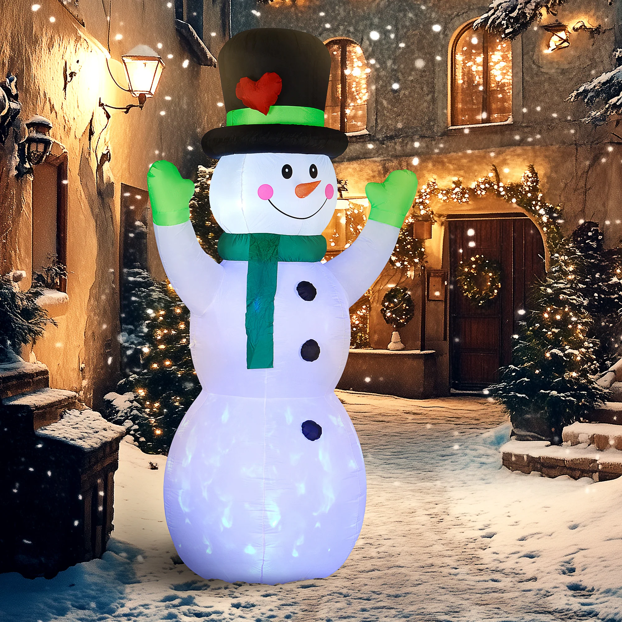 Outsunny 10ft Inflatable Snowman w/ Black Hat, Green Scarf for Garden Yard - Image 2