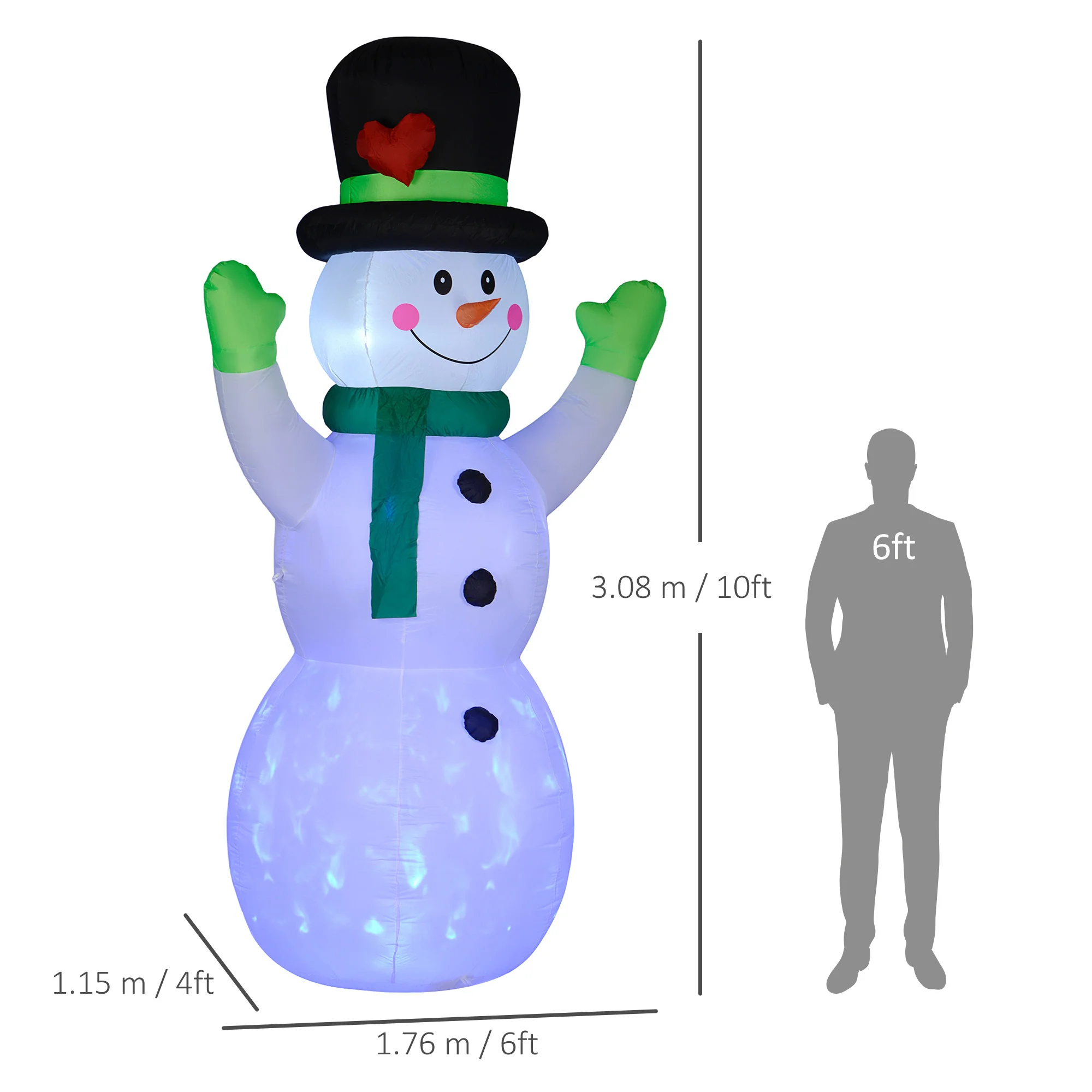 Outsunny 10ft Inflatable Snowman w/ Black Hat, Green Scarf for Garden Yard - Image 3