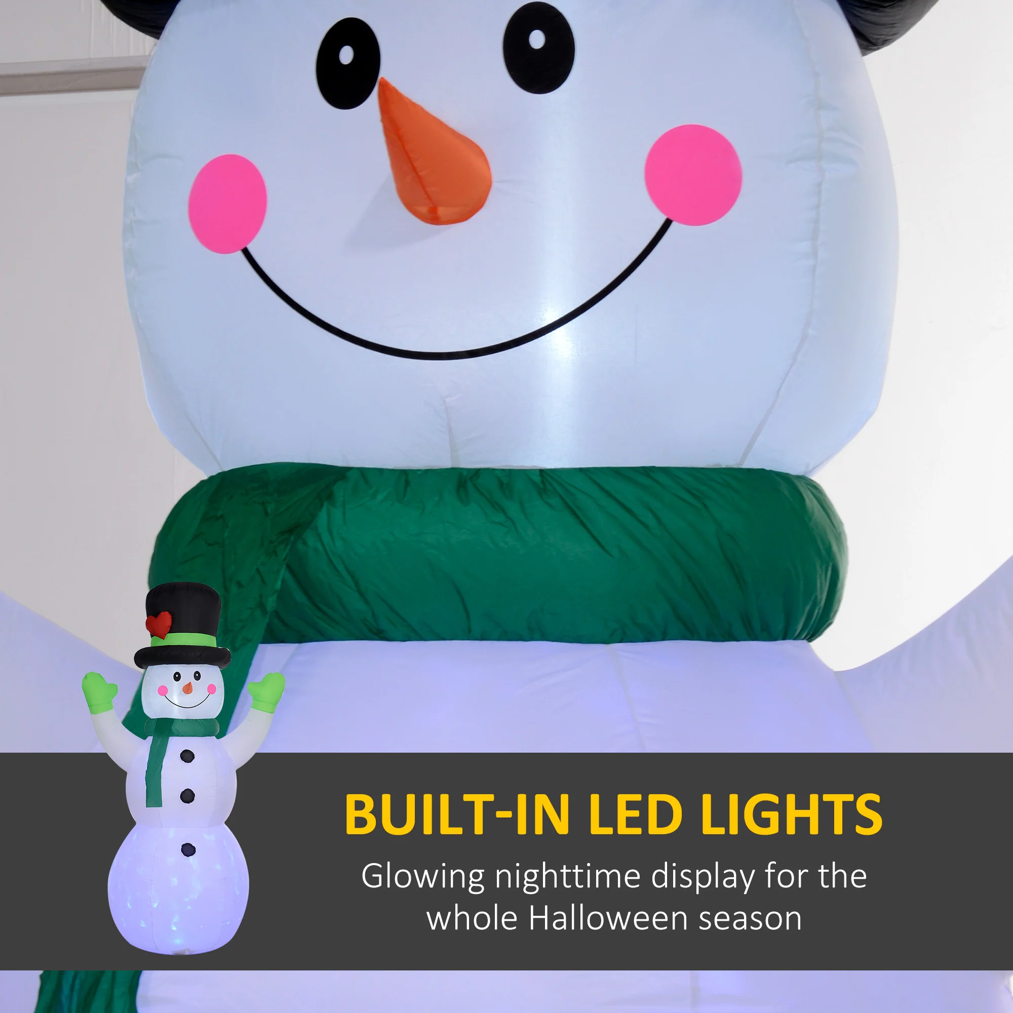 Outsunny 10ft Inflatable Snowman w/ Black Hat, Green Scarf for Garden Yard - Image 4