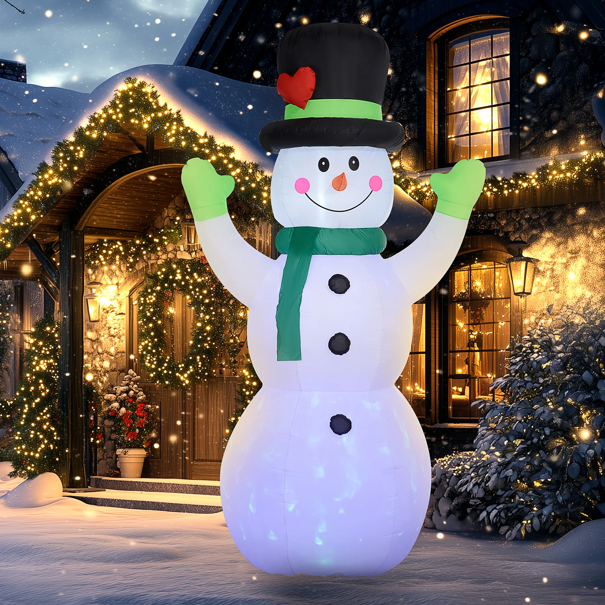 Outsunny 10ft Inflatable Snowman w/ Black Hat, Green Scarf for Garden Yard - Image 8