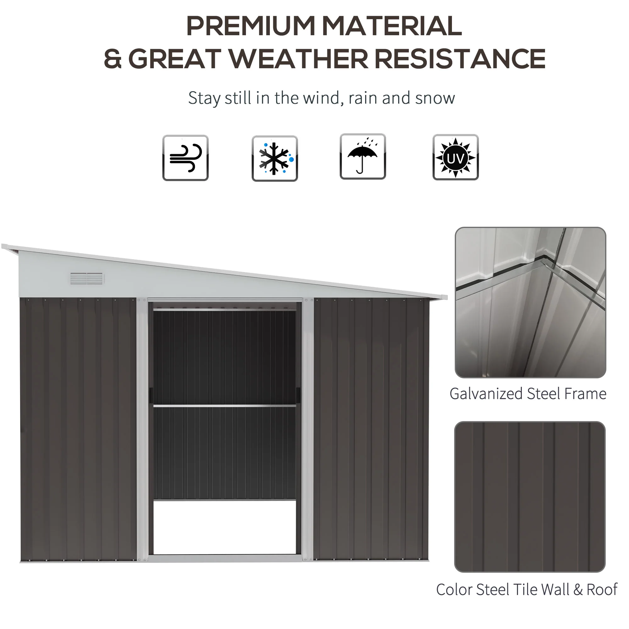 Outsunny 11.3 x 9.2ft Steel Garden Storage Shed Outdoor Metal Tool House with Double Sliding Doors & 2 Air Vents, Grey - Image 3