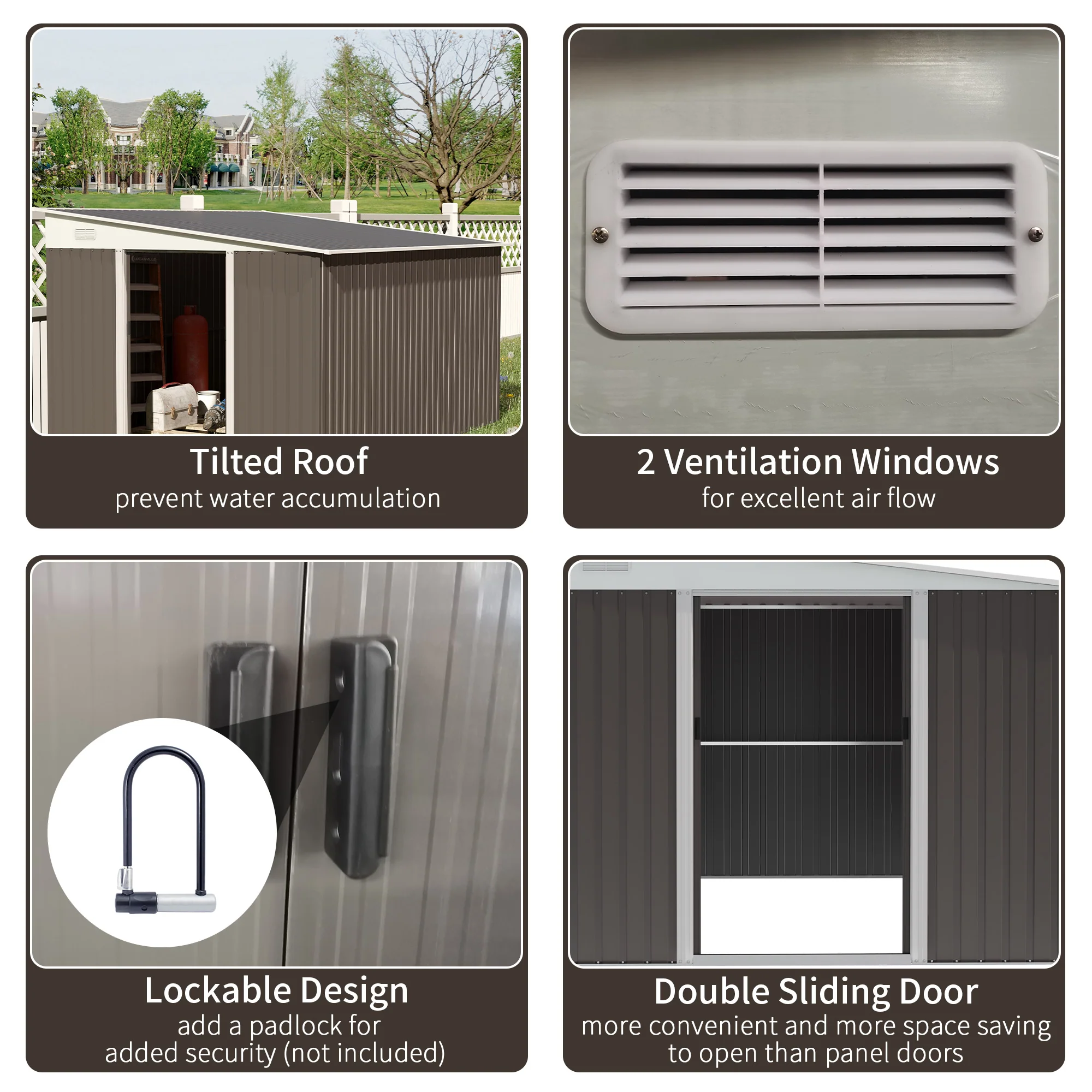 Outsunny 11.3 x 9.2ft Steel Garden Storage Shed Outdoor Metal Tool House with Double Sliding Doors & 2 Air Vents, Grey - Image 4