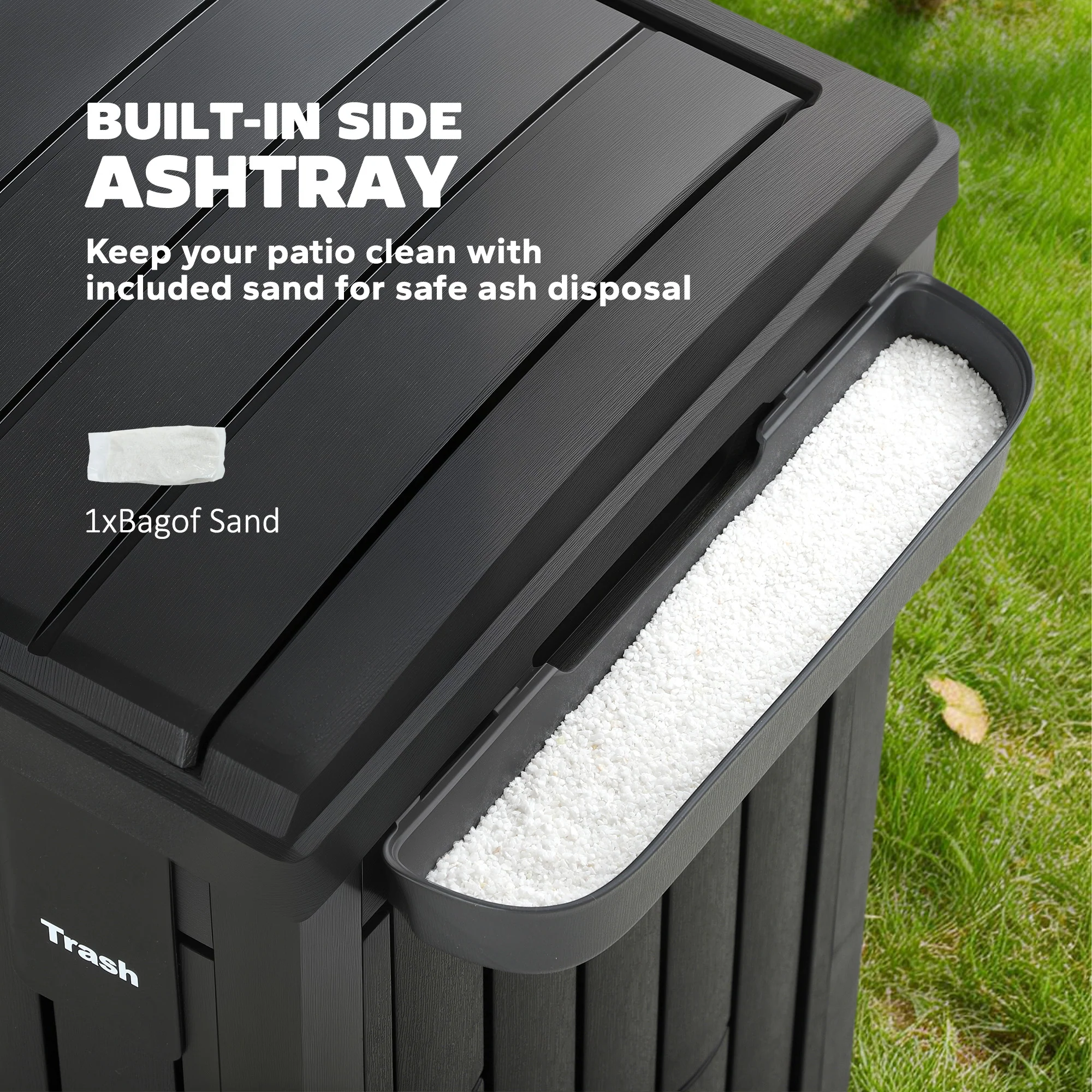 Outsunny 110 L Outdoor Bin with Dual Lid, Ashtray, Drip Tray, Black - Image 6